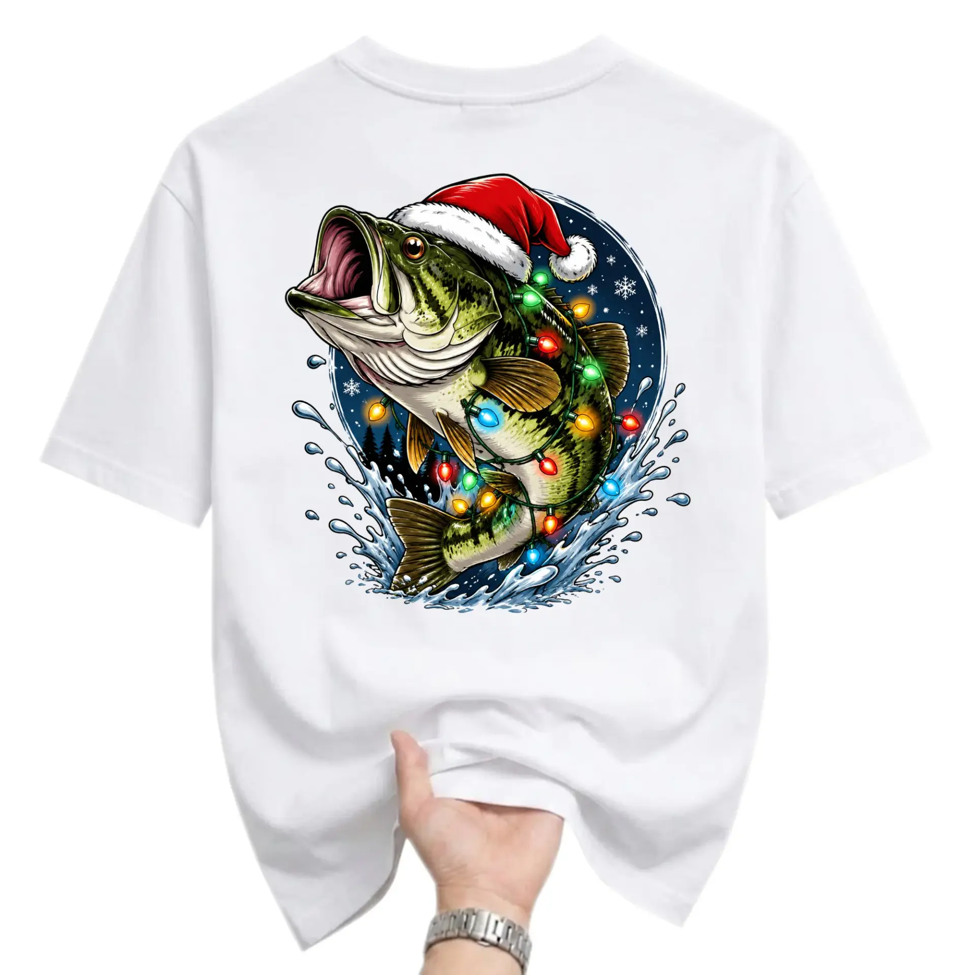 Graphic Tee Fishing Holiday Santa Hat String Lights Unisex Crew Neck Shirt