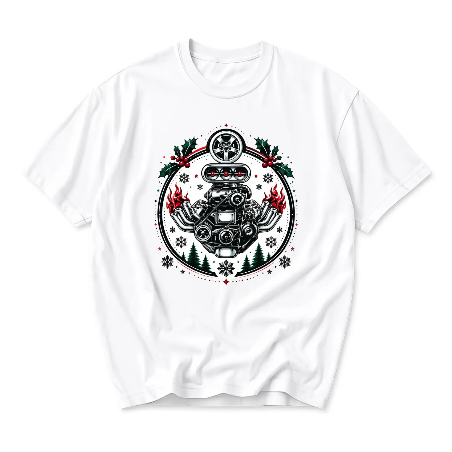 Graphic Tee Unisex Crew Neck T-Shirt Featuring Festive Hot Rod Engine Design for Automotive Enthusiasts and Casual Wear