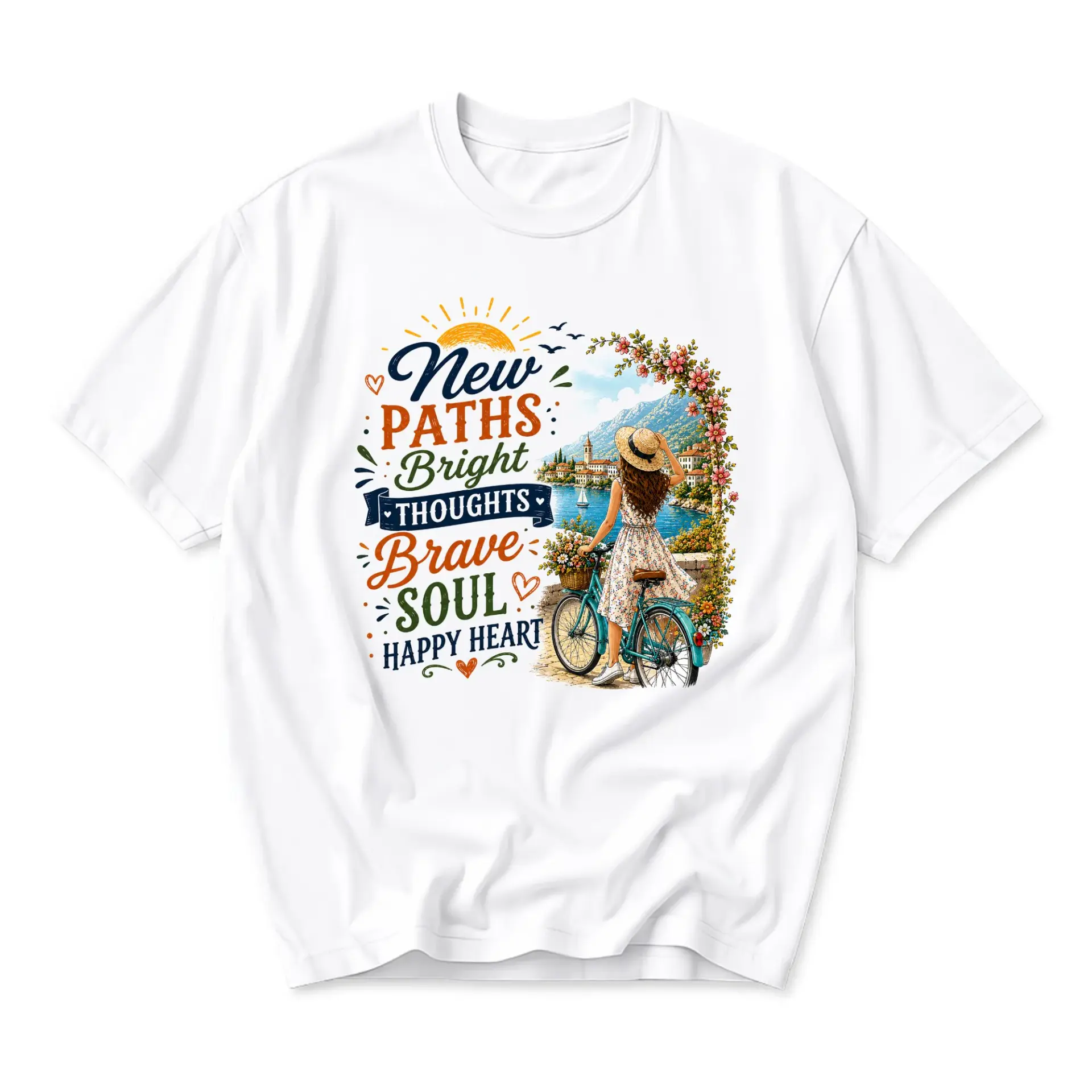 Graphic Tee New Paths Bright Thoughts Brave Soul Happy Heart Illustration Women Traveling Lifestyle Casual White Shirt