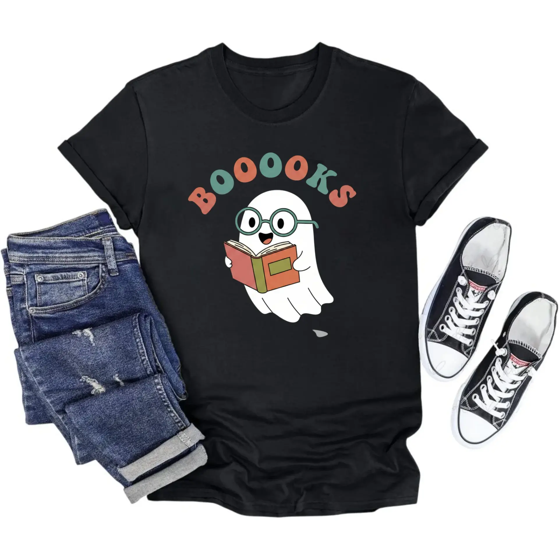 Funny Booooks Graphic Printed T-Shirt Featuring Cute Reading Ghost Illustration for Casual Everyday Wear and Gifts