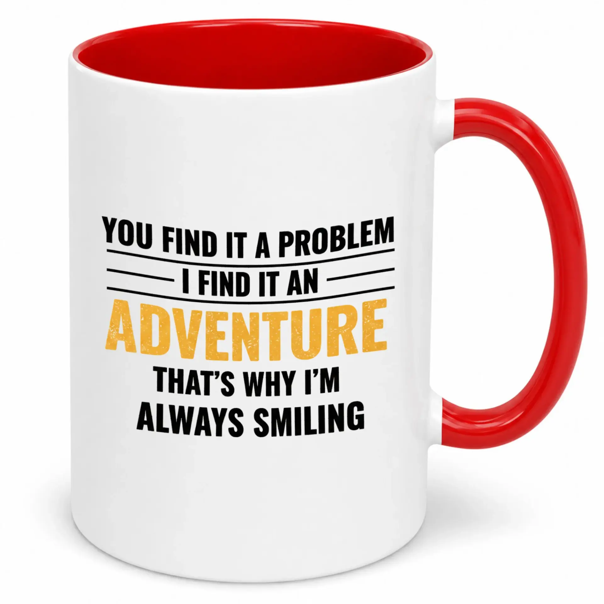 Funny Adventure Ceramic Coffee Mug, Positive Quote Tea Cup with Red Handle, Motivational Drinkware for Home Office, Inspiring Gift Idea