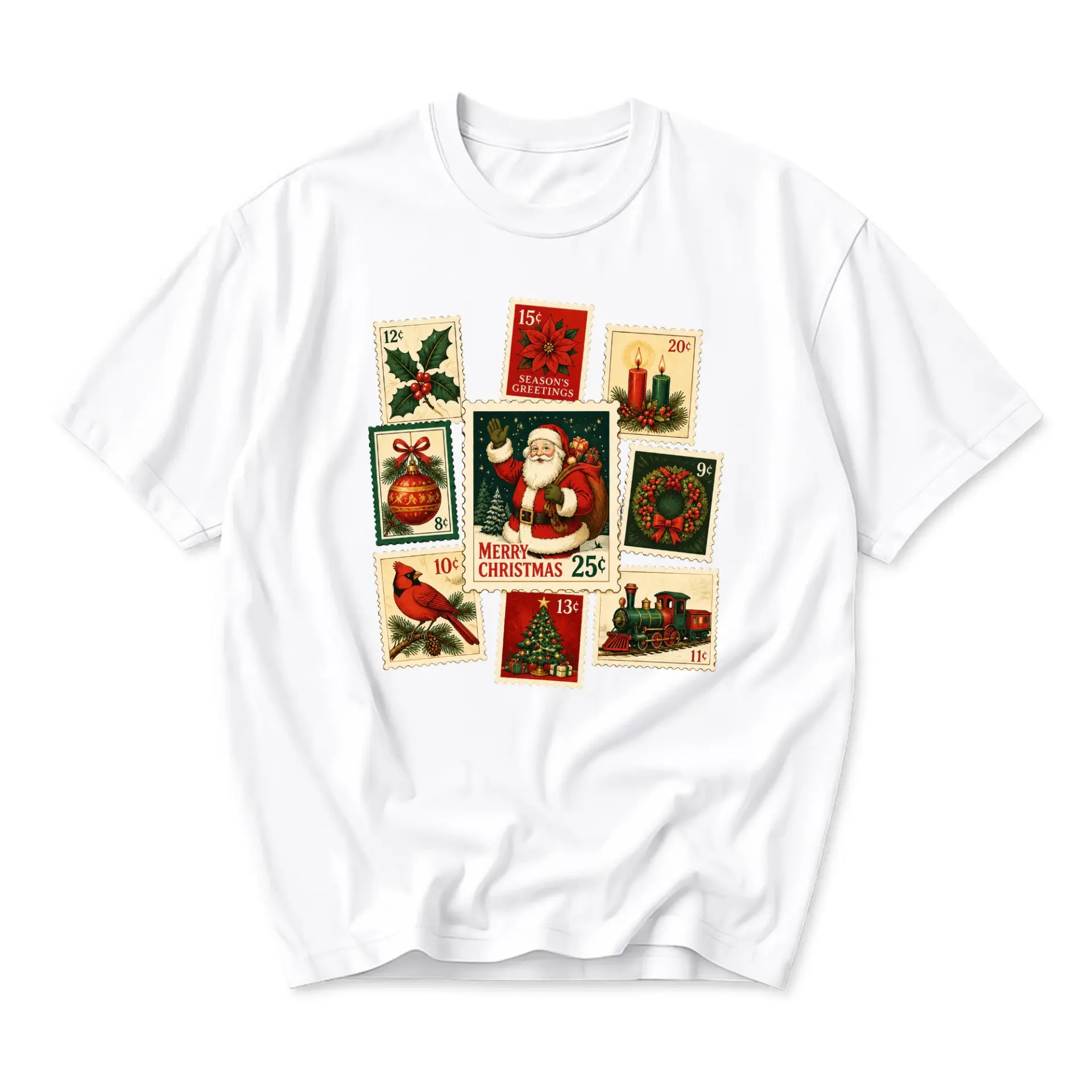 Graphic Tee Christmas Postage Stamp Design Unisex Crew Neck T-Shirt Vintage Holiday Mail Inspired Apparel White Top