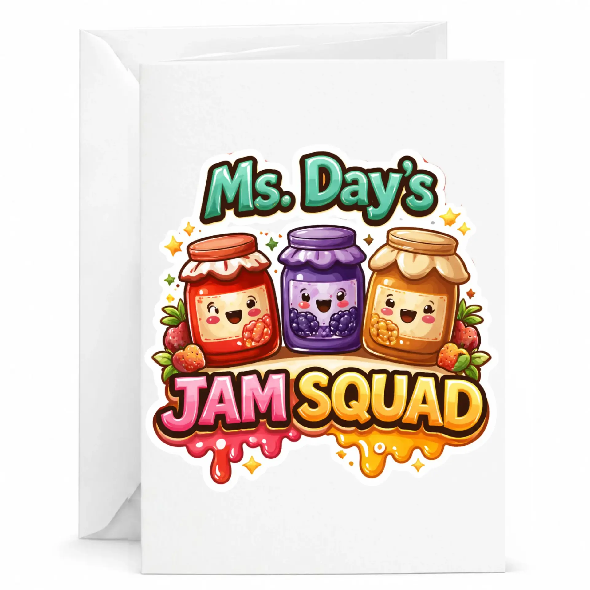 Funny Jam Squad Greeting Card, Cute Cartoon Fruit Preserve Jars Illustration for Friends and Coworkers