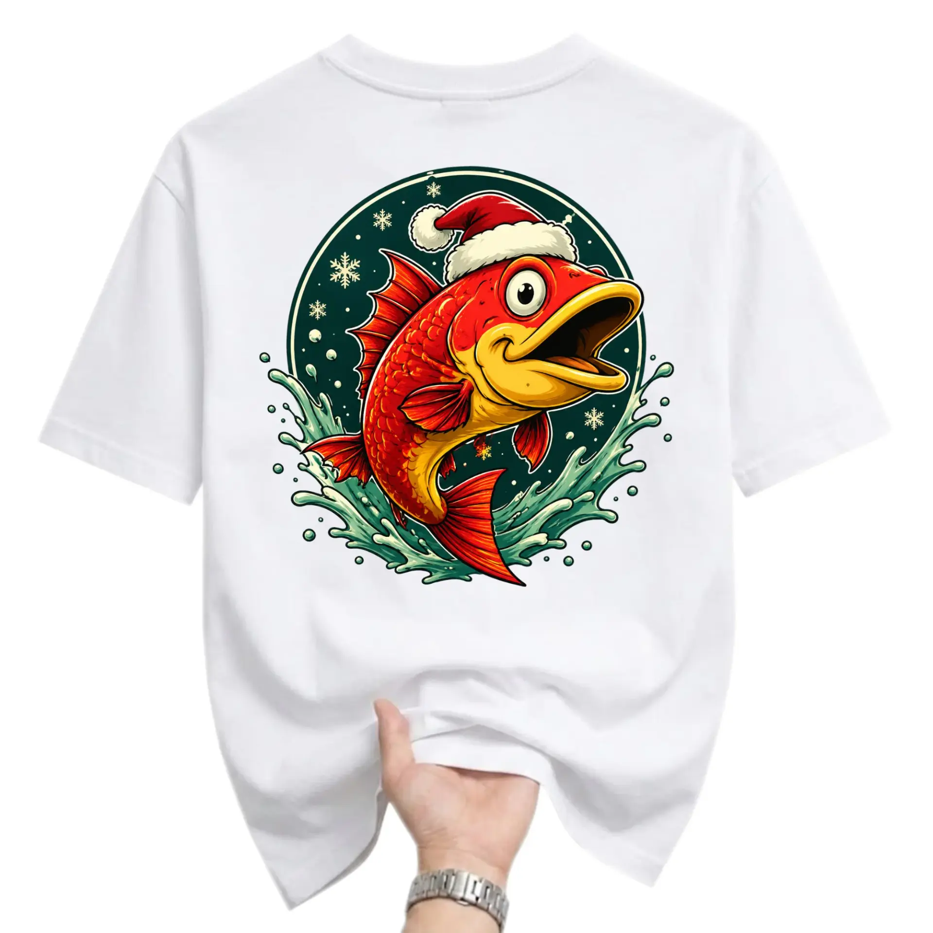 Funny Shirt Holiday Fishing Graphic Tee Festive Red Fish in Santa Hat