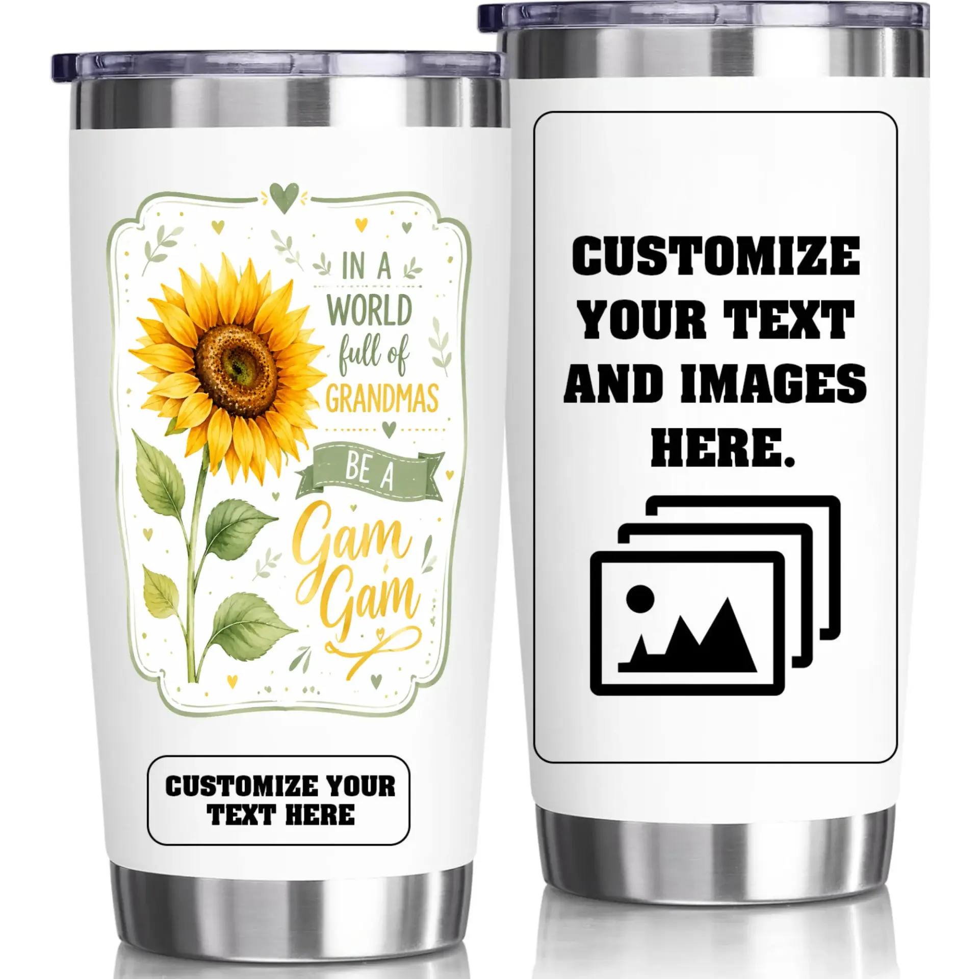 Stainless Steel Tumbler 20oz Insulated Cup Sunflower Design Grandma Gift Personalized Travel Mug for Hot and Cold Drinks