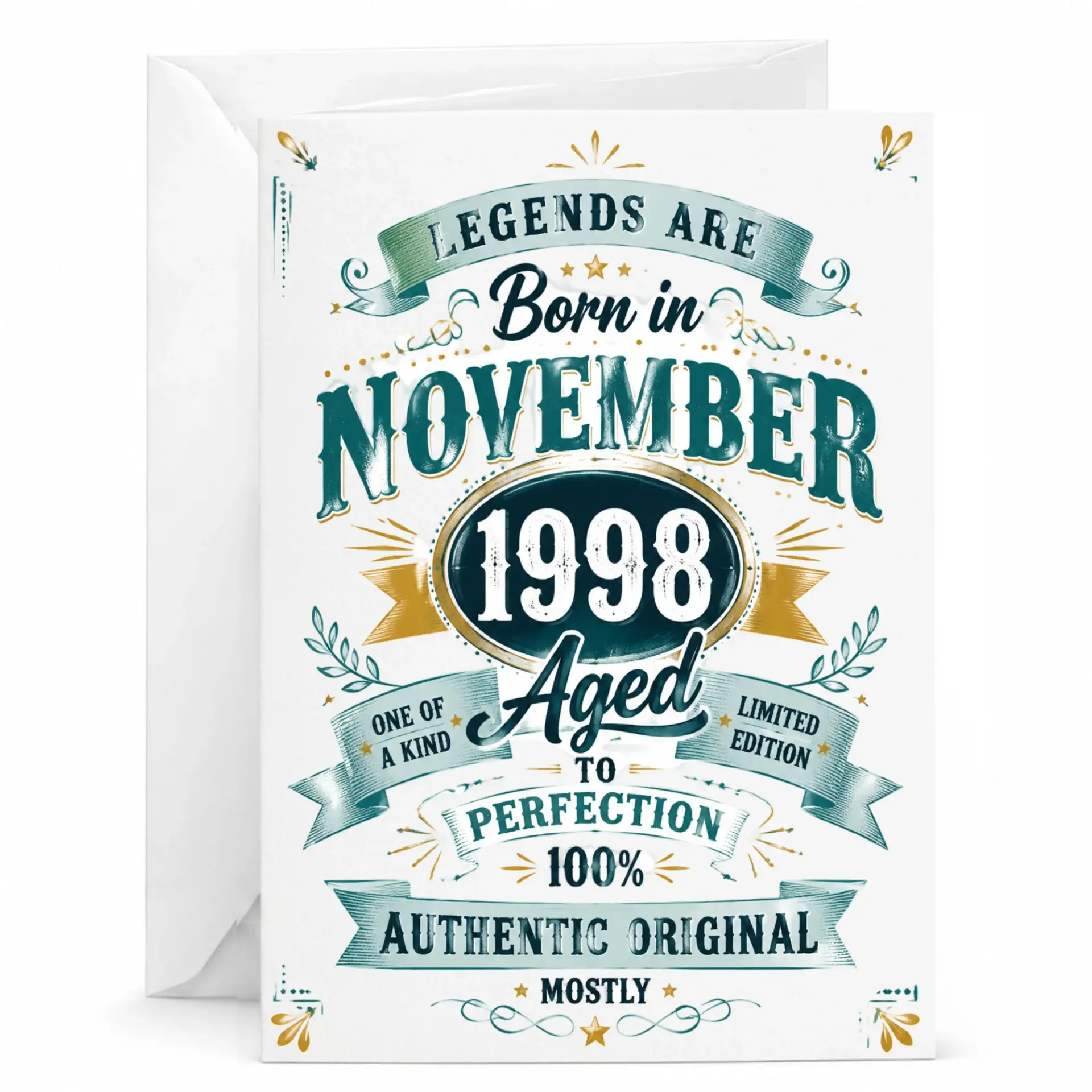 Greeting Card Legends Are Born in November 1998 Vintage Style Birthday Message Card for Men and Women, 5x7 Inches