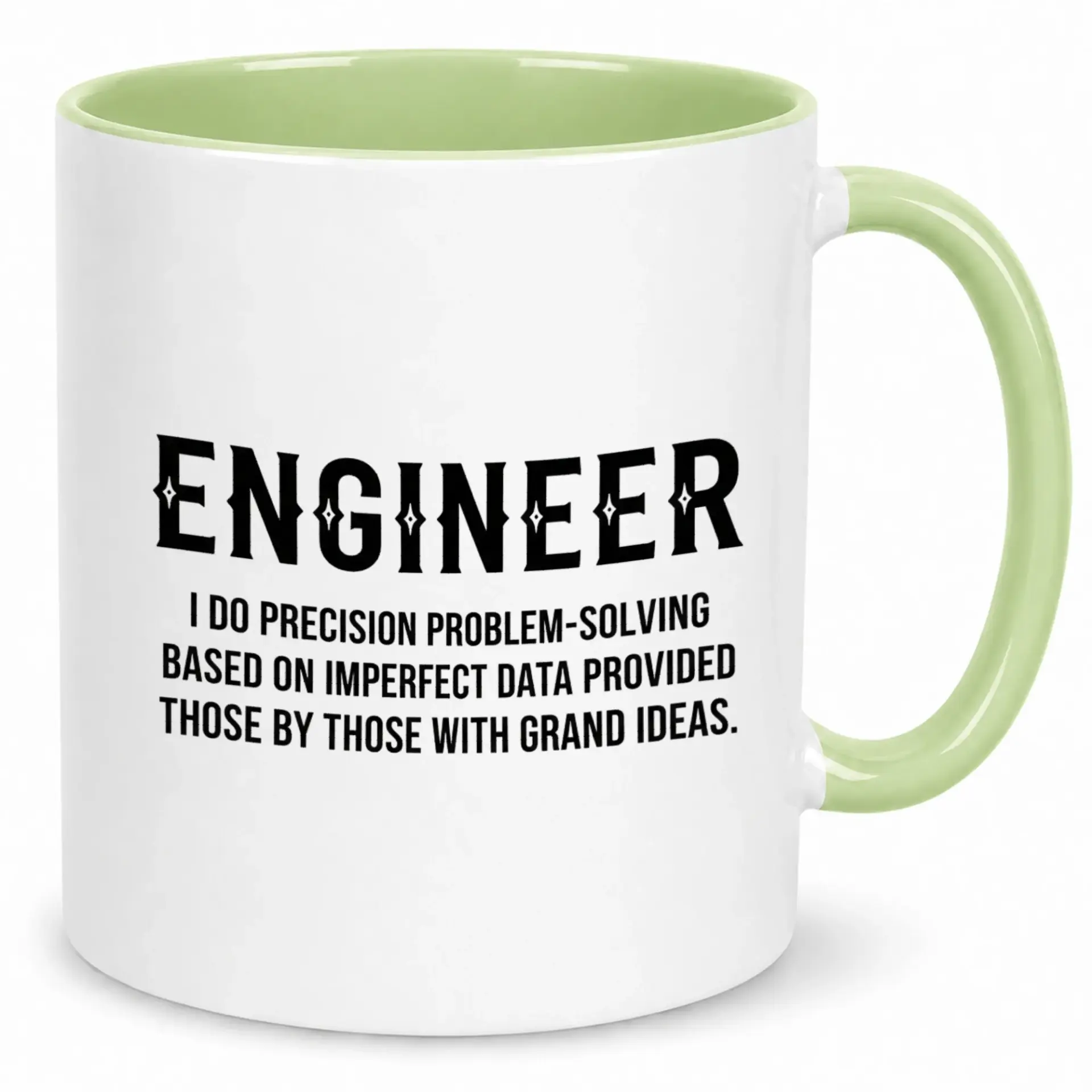 Funny Engineer Coffee Mug for Problem Solvers White Ceramic Drinkware with Humorous Job Quote Two-Tone Green Interior Office Desk Gift