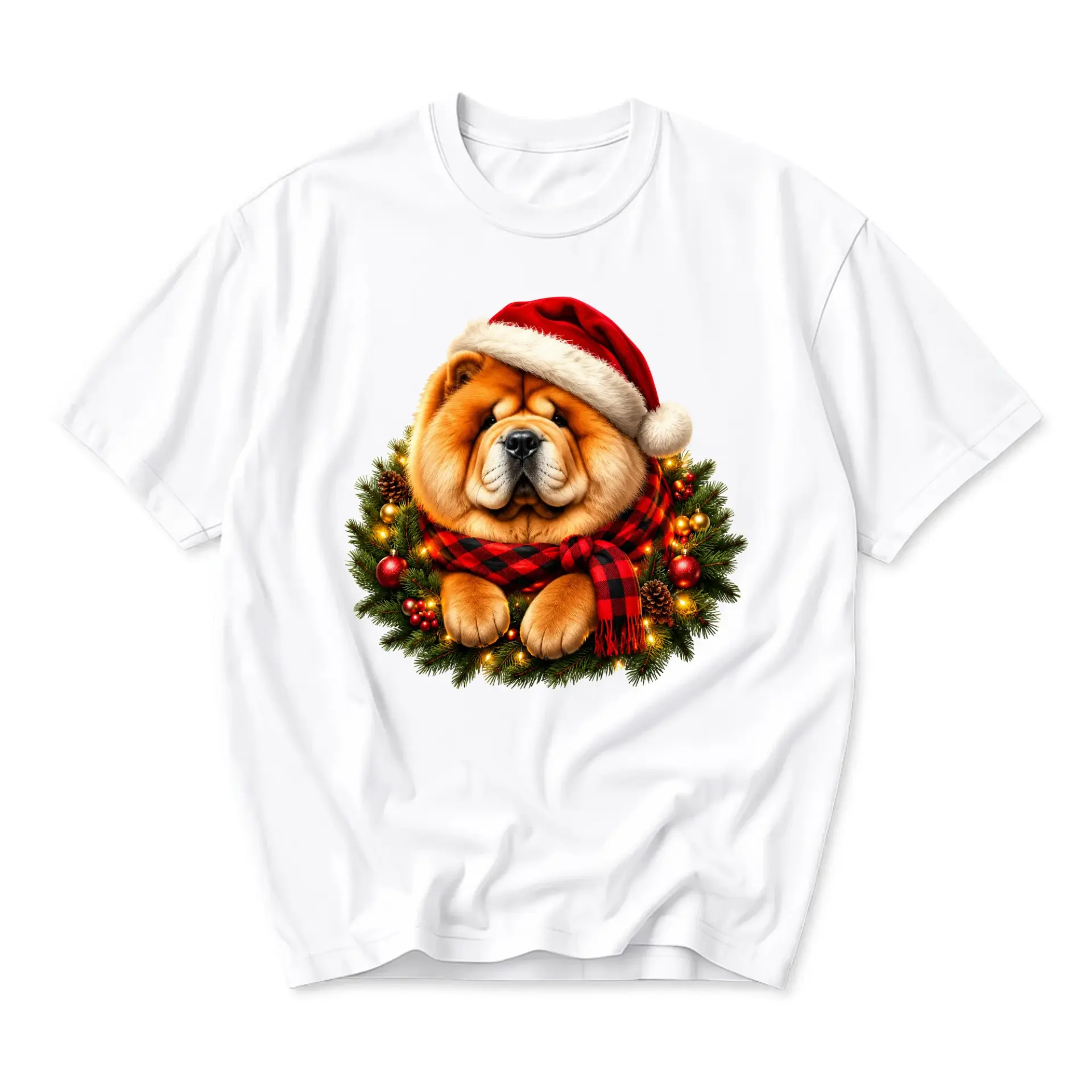 T-shirt Graphic Tee Featuring a Festive Chow Dog with Red Plaid Scarf and