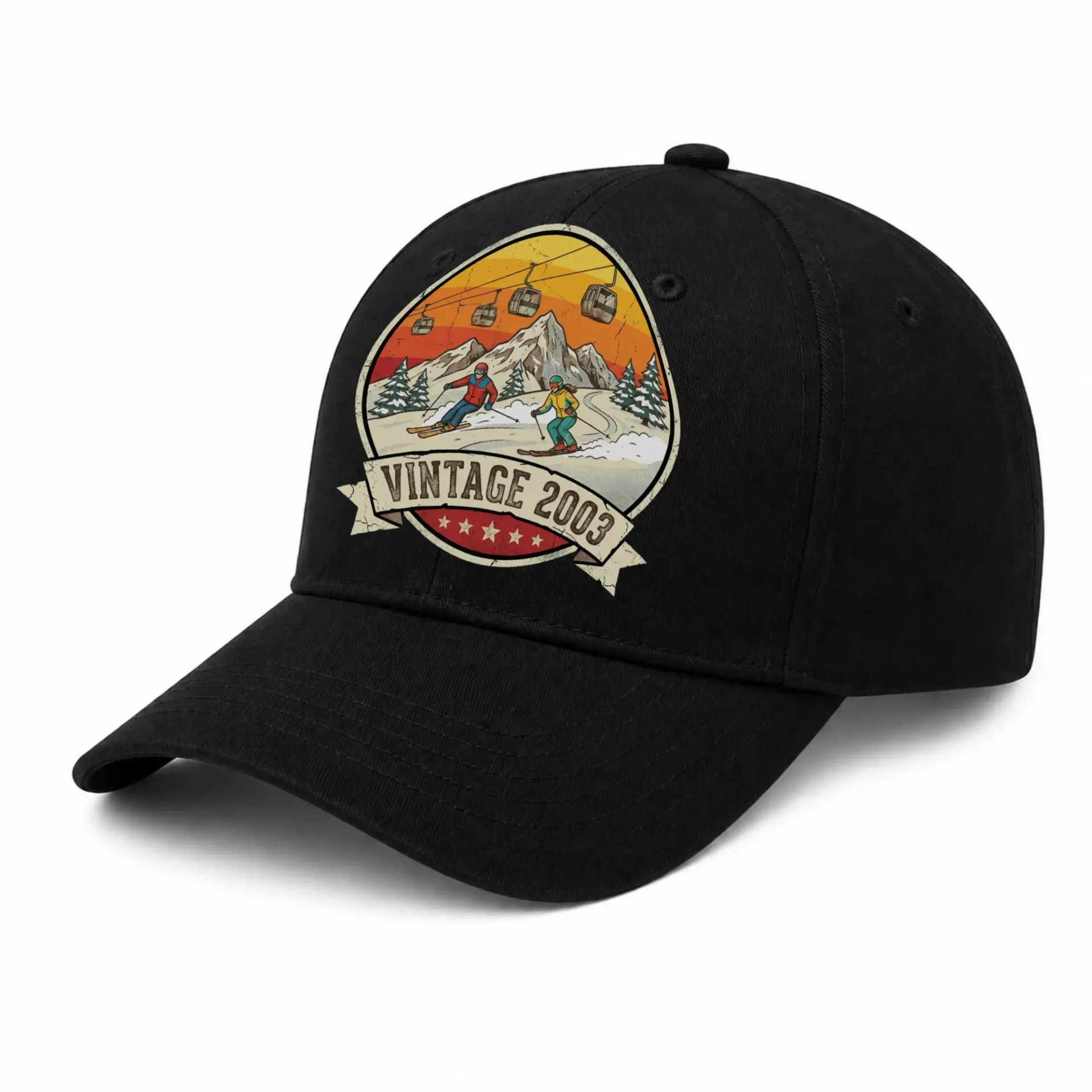Baseball Cap Featuring Retro Mountain Skiing Graphic Vintage Inspired Hat