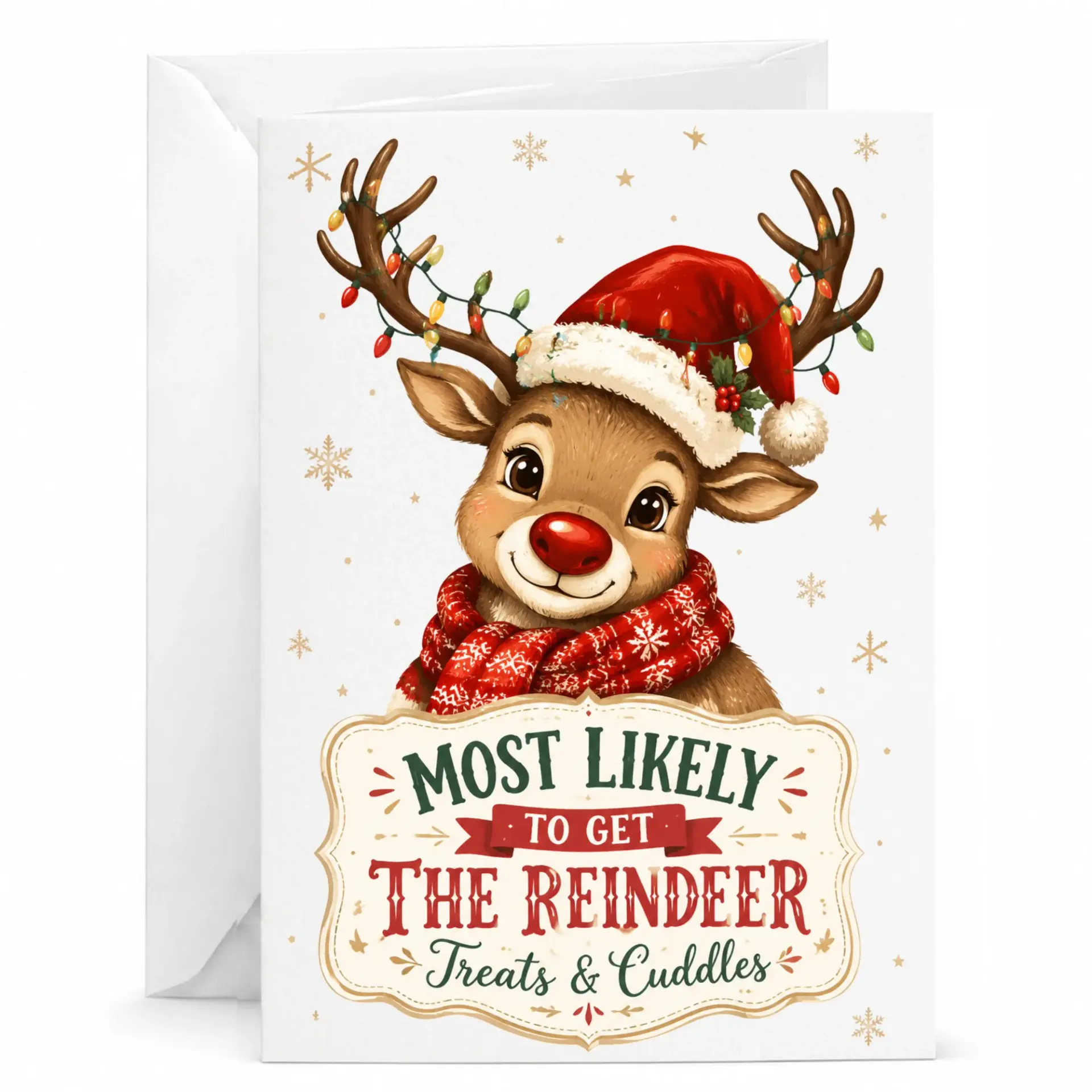 Funny Reindeer Greeting Card with Envelope, Holiday Festive Illustration for Seasonal Greetings and Gift Enclosure