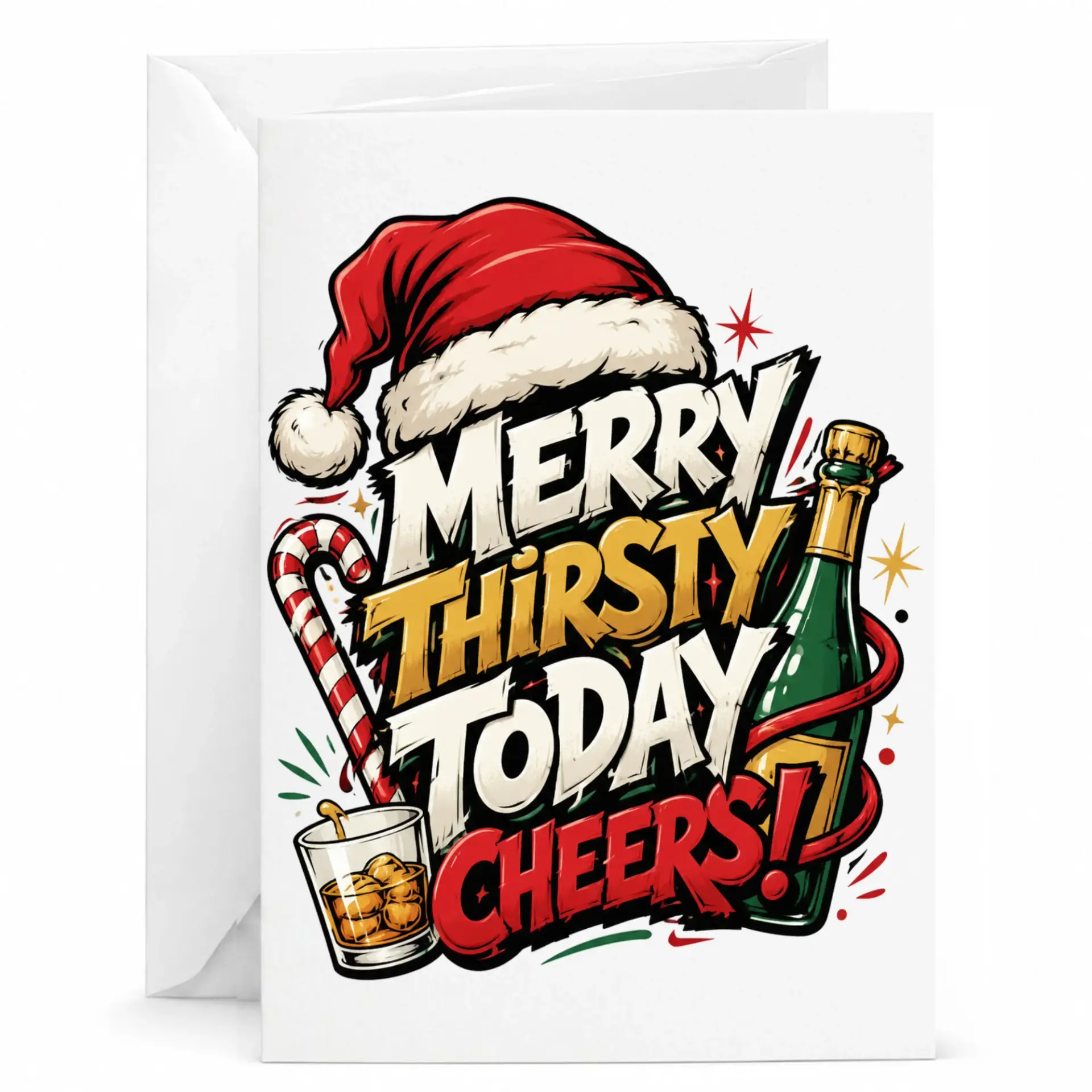 Funny Merry Thirsty Today Cheers Holiday Greeting Card for Seasonal Celebration with Friends and Family Members