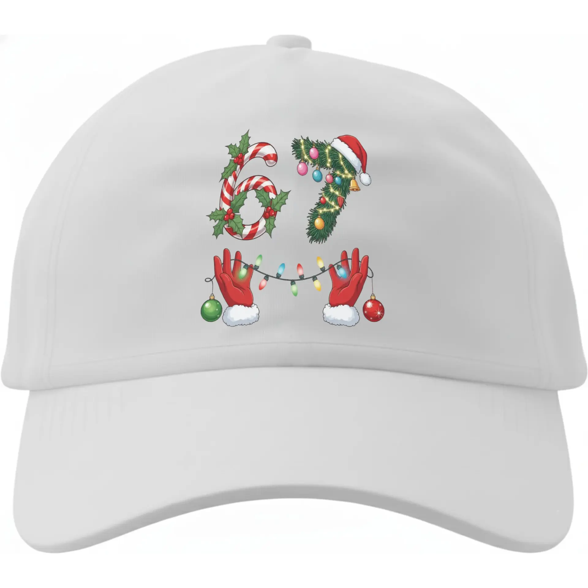 Baseball Cap Festive Number Sixty Seven Holiday Graphic Hat with Santa Claus Hands and String of Colorful Lights