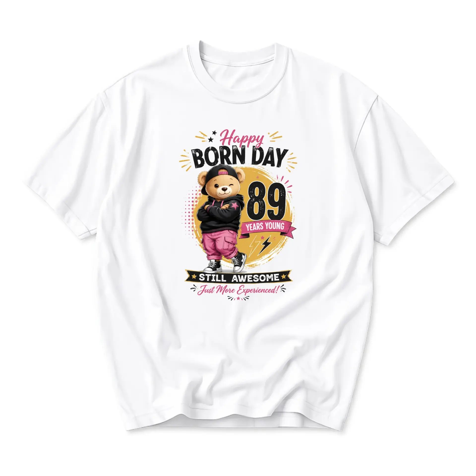 Funny Shirt Happy Born Day 89 Years Young Graphic Tee Unisex Casual Crew Neck Top for Birthday Celebration