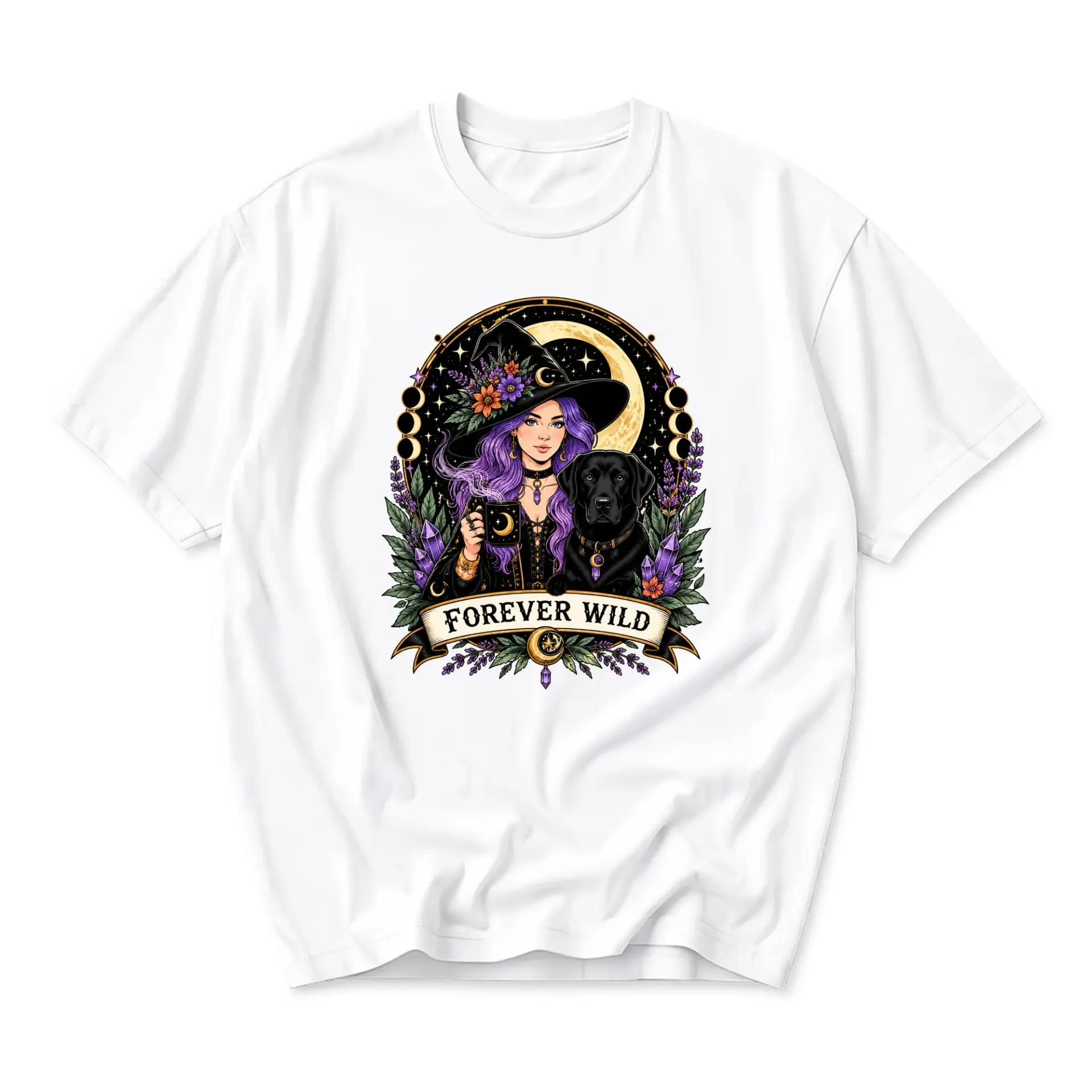 Graphic Tee Forever Wild Witch and Dog Illustration Unisex Casual Crew Neck Soft Cotton Short Sleeve Summer Shirt