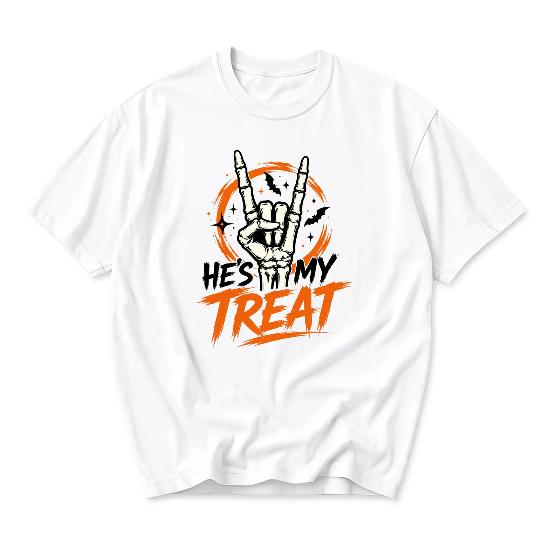 Graphic Tee He's My Treat Skeleton Hand Rock on Design Unisex Casual Short Sleeve Crew Neck Cotton Blend Shirt