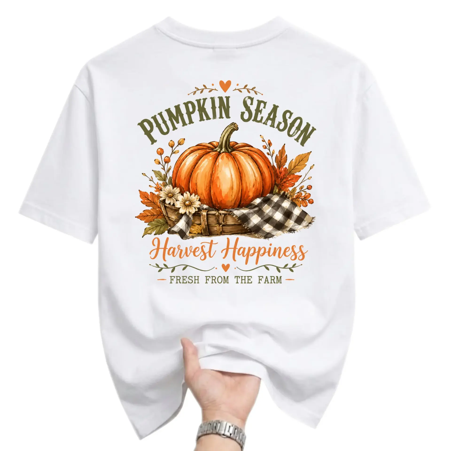 T-shirt Pumpkin Season Graphic Tee Harvest Happiness Autumn Farm Inspired Crew Neck Unisex Casual Top for Everyday Wear