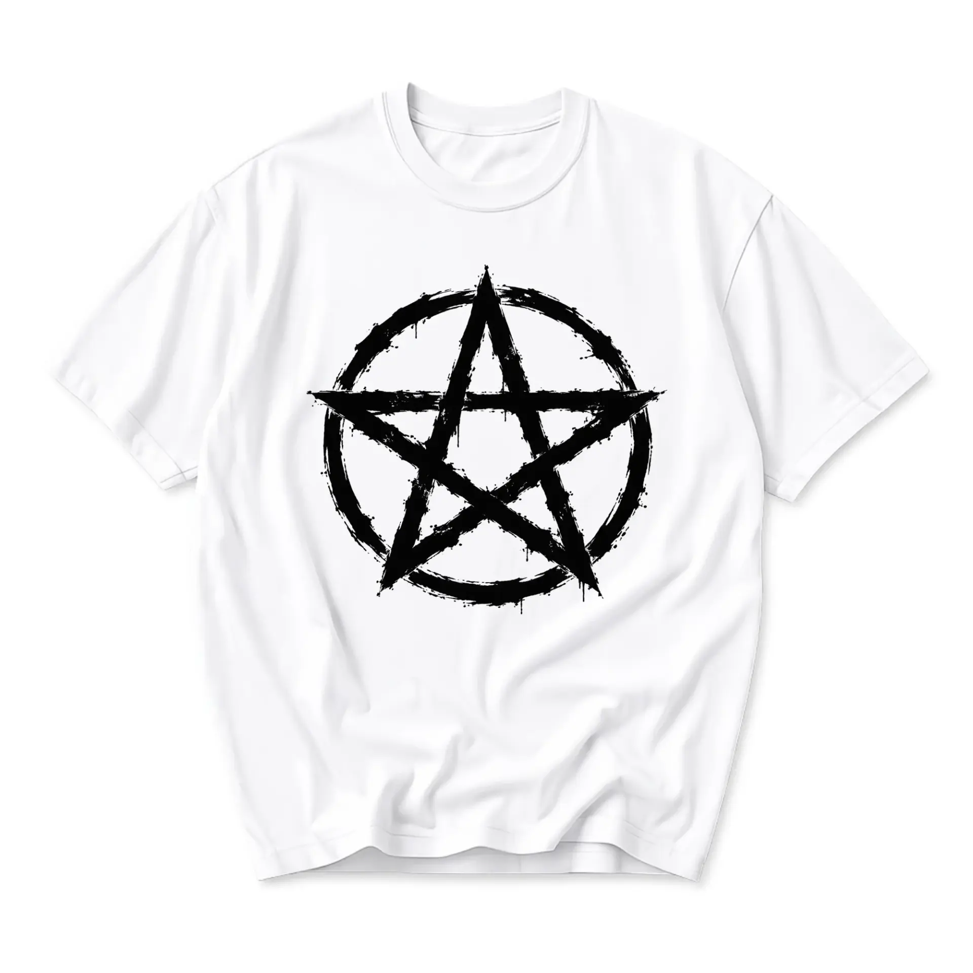 Graphic Tee Unisex Crew Neck T-Shirt Featuring a Distressed Ink Style Pentagram Design for Casual Everyday Outfits