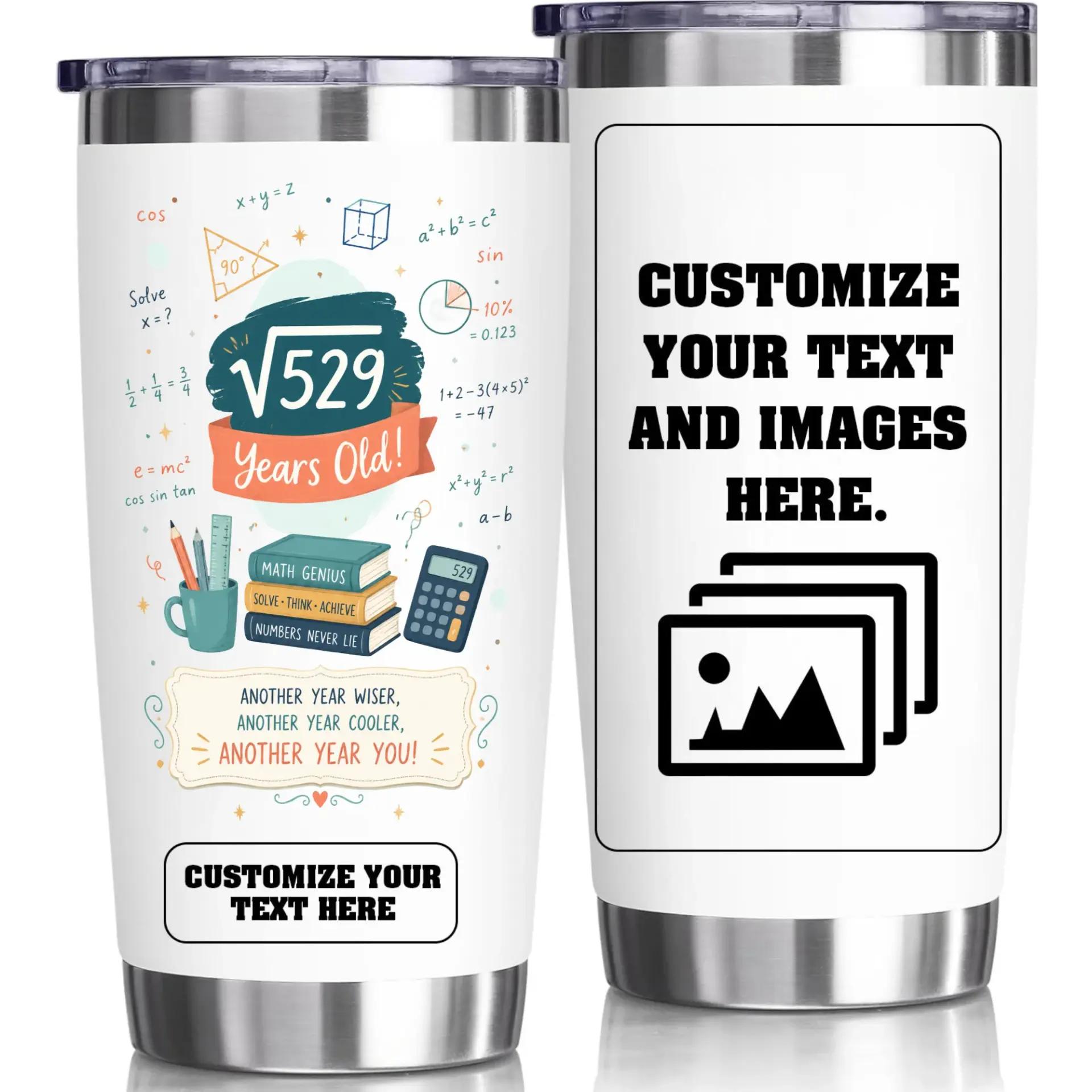 Stainless Steel Tumbler 20oz Math Themed Birthday Insulated Travel Cup for Coffee Tea Personalized Custom Design Gift