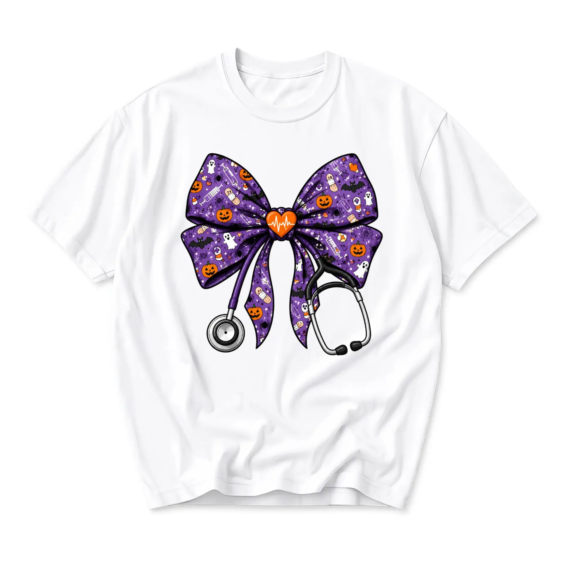 Graphic Tee Unisex Crew Neck T-Shirt with Halloween Medical Nurse Bow Design Casual Holiday Apparel for Every Day