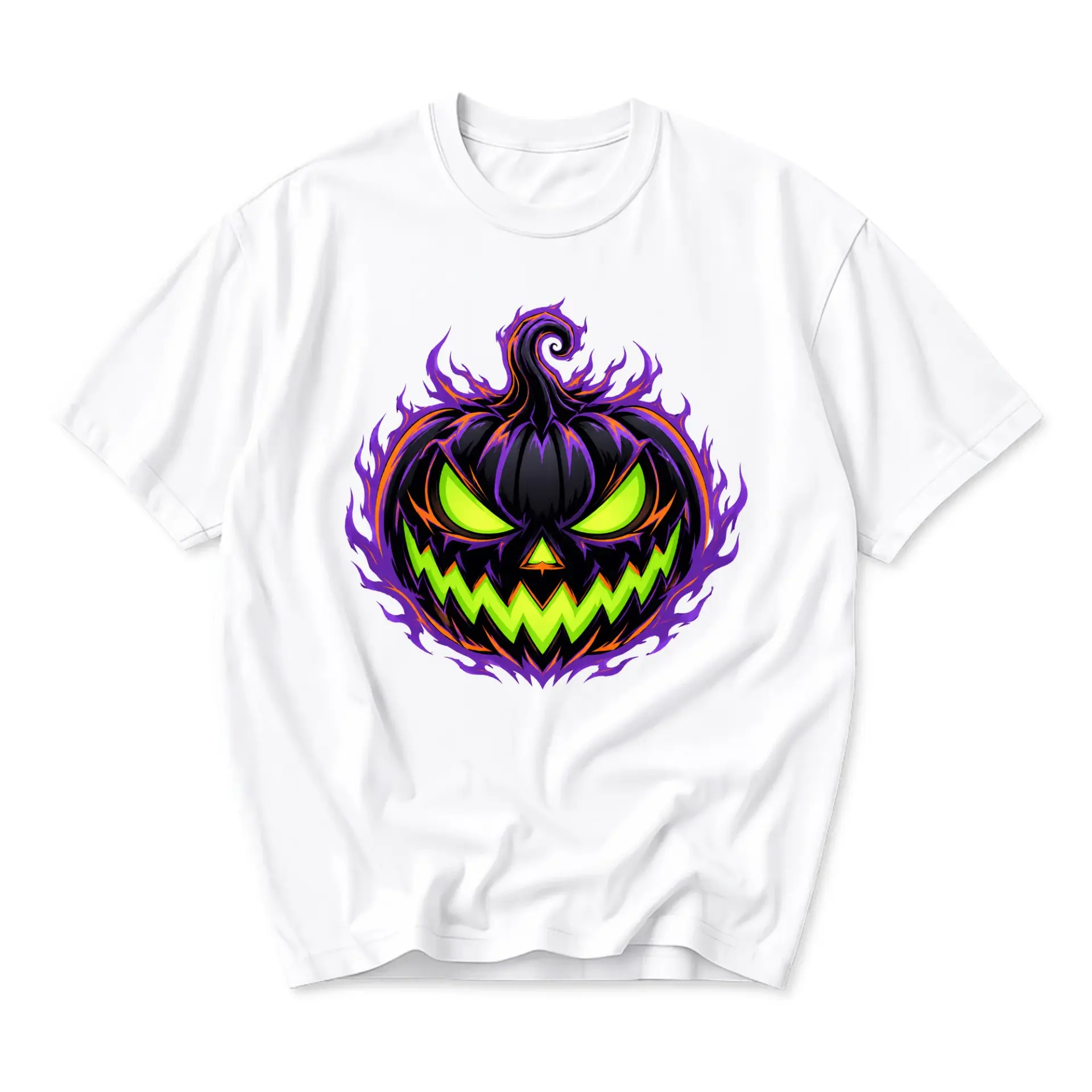 Graphic Tee Unisex Crew Neck T-Shirt Featuring a Fiery Purple and Green Spooky Jack O Lantern Pumpkin Design