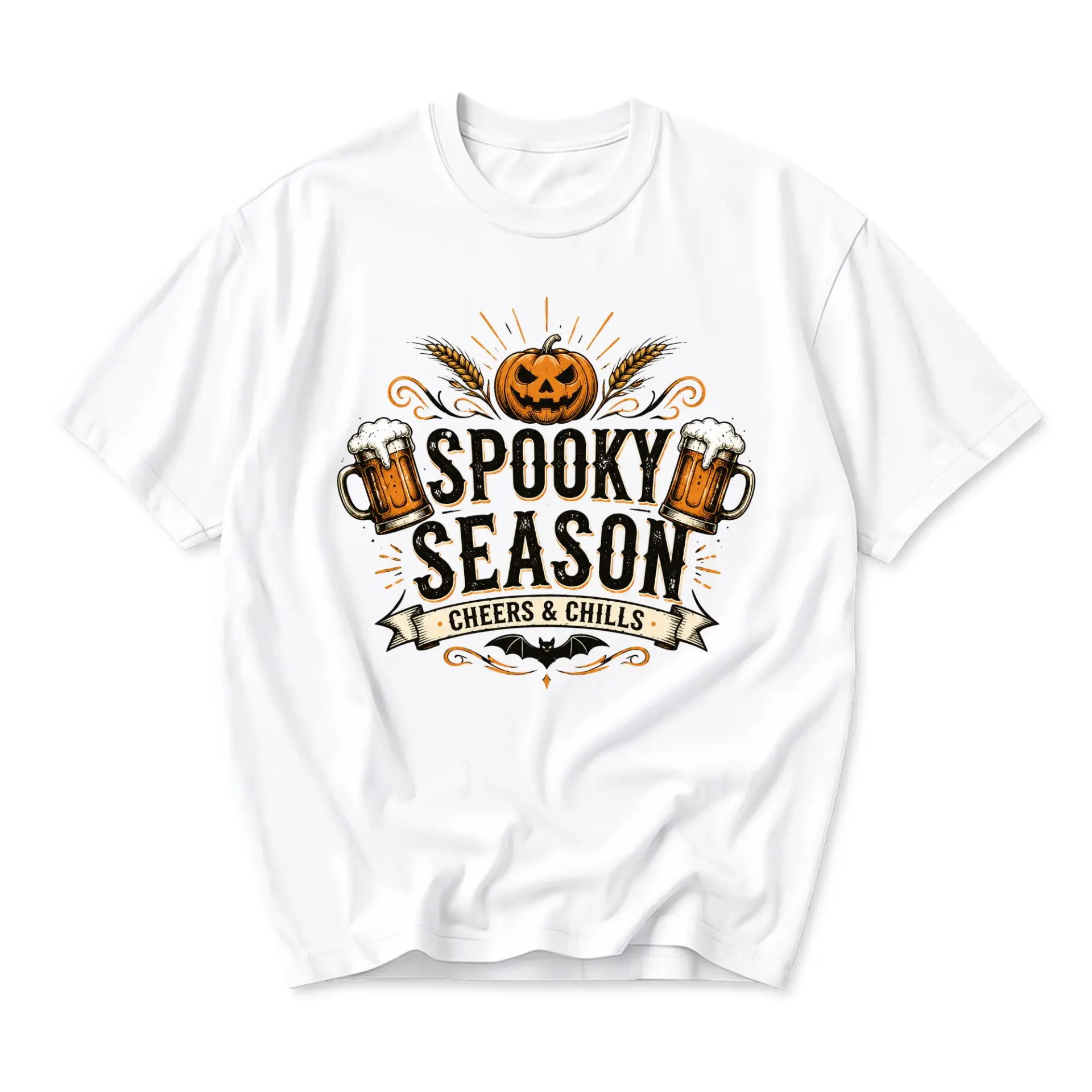 Funny Shirt Spooky Season Cheers and Chills Graphic Tee Unisex Crew Neck Casual Cotton Blend Apparel for Autumn Festivities