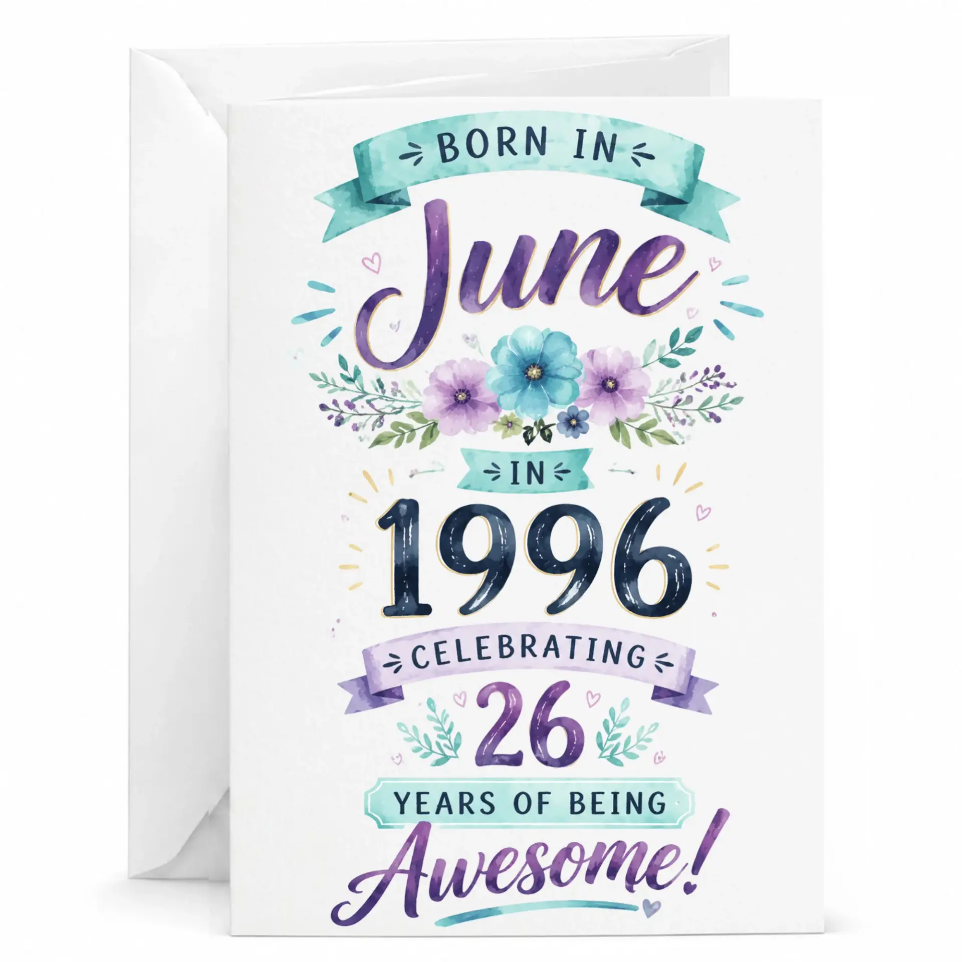 Birthday Card Born in June 1996 Celebrating 26 Years of Being Awesome Floral Vintage Themed Greeting Card