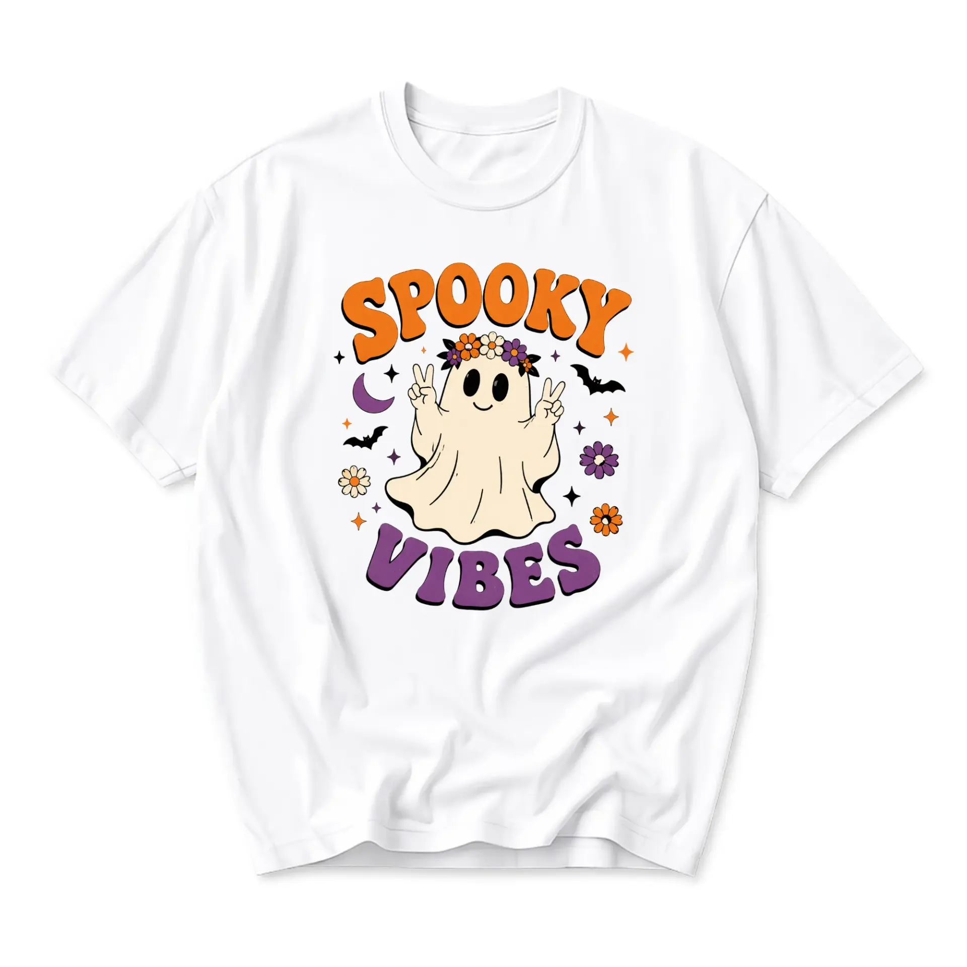 Funny Shirt Spooky Vibes Ghost Graphic Tee Retro Aesthetic Unisex Crew Neck Casual Cotton Blend Short Sleeve Top