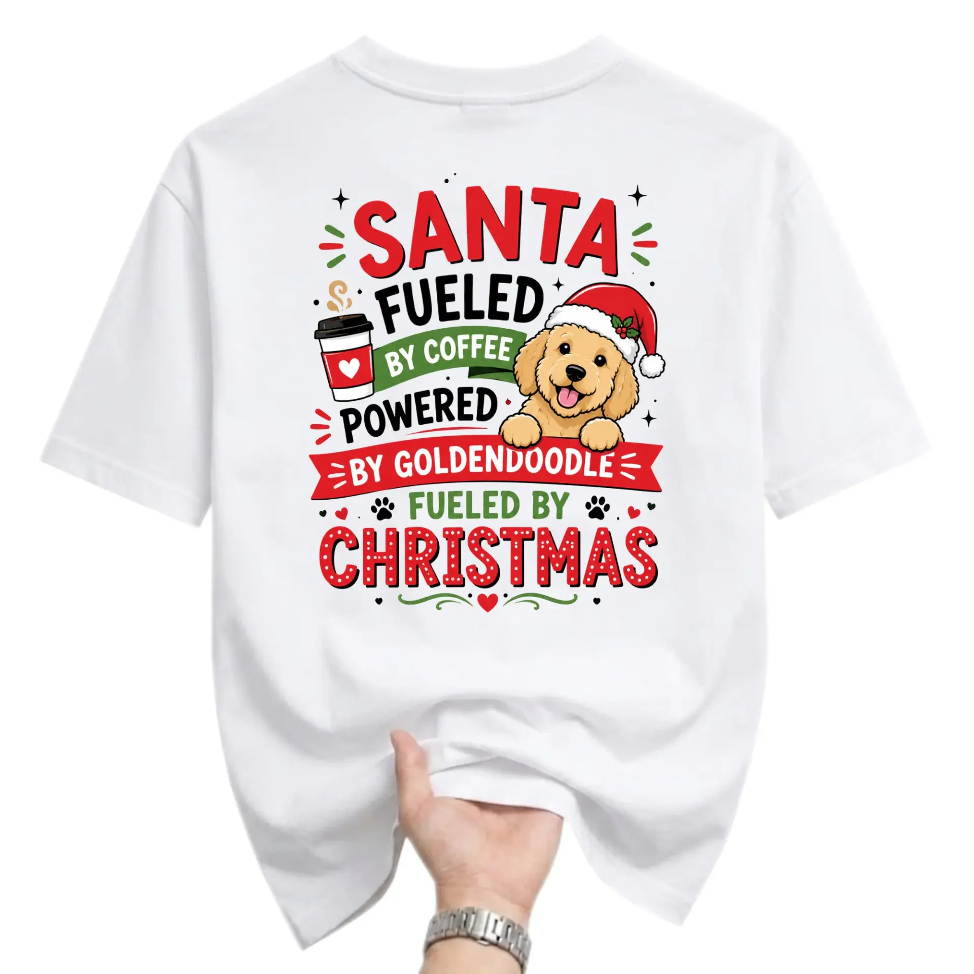 Funny Shirt Santa Fueled by Coffee Powered by Goldendoodle by Christmas