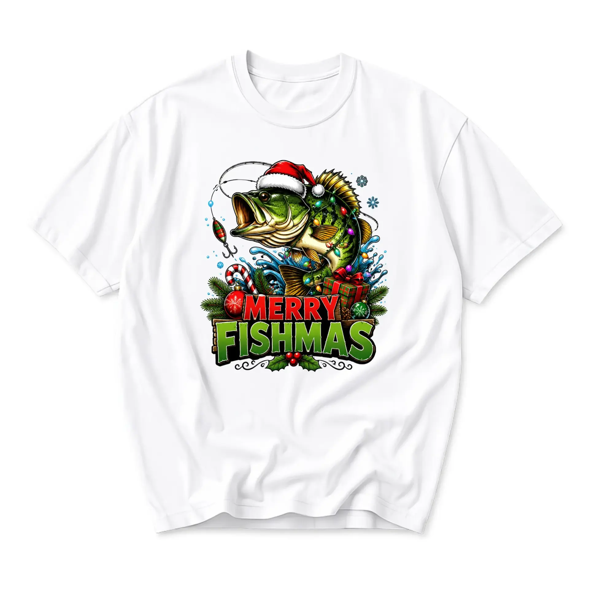 Funny Shirt Merry Fishmas Holiday Fishing Graphic Tee Unisex Cotton Crew Neck Casual Short Sleeve Apparel for Outdoors