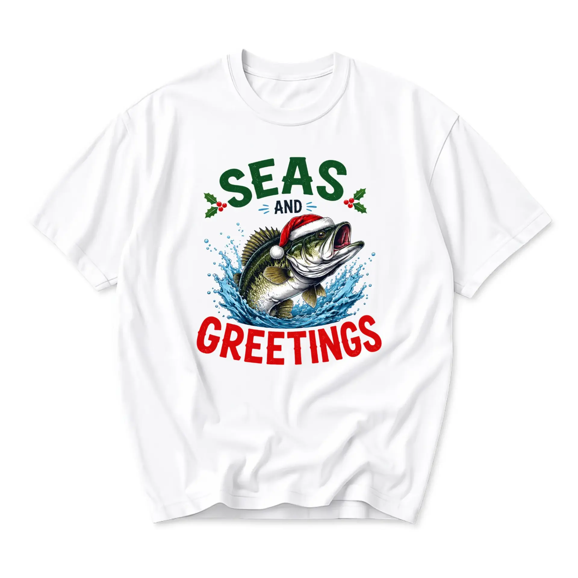 Funny Shirt Seas and Greetings Holiday Fishing Graphic Tee for Outdoor Enthusiasts Seasonal Casual Style