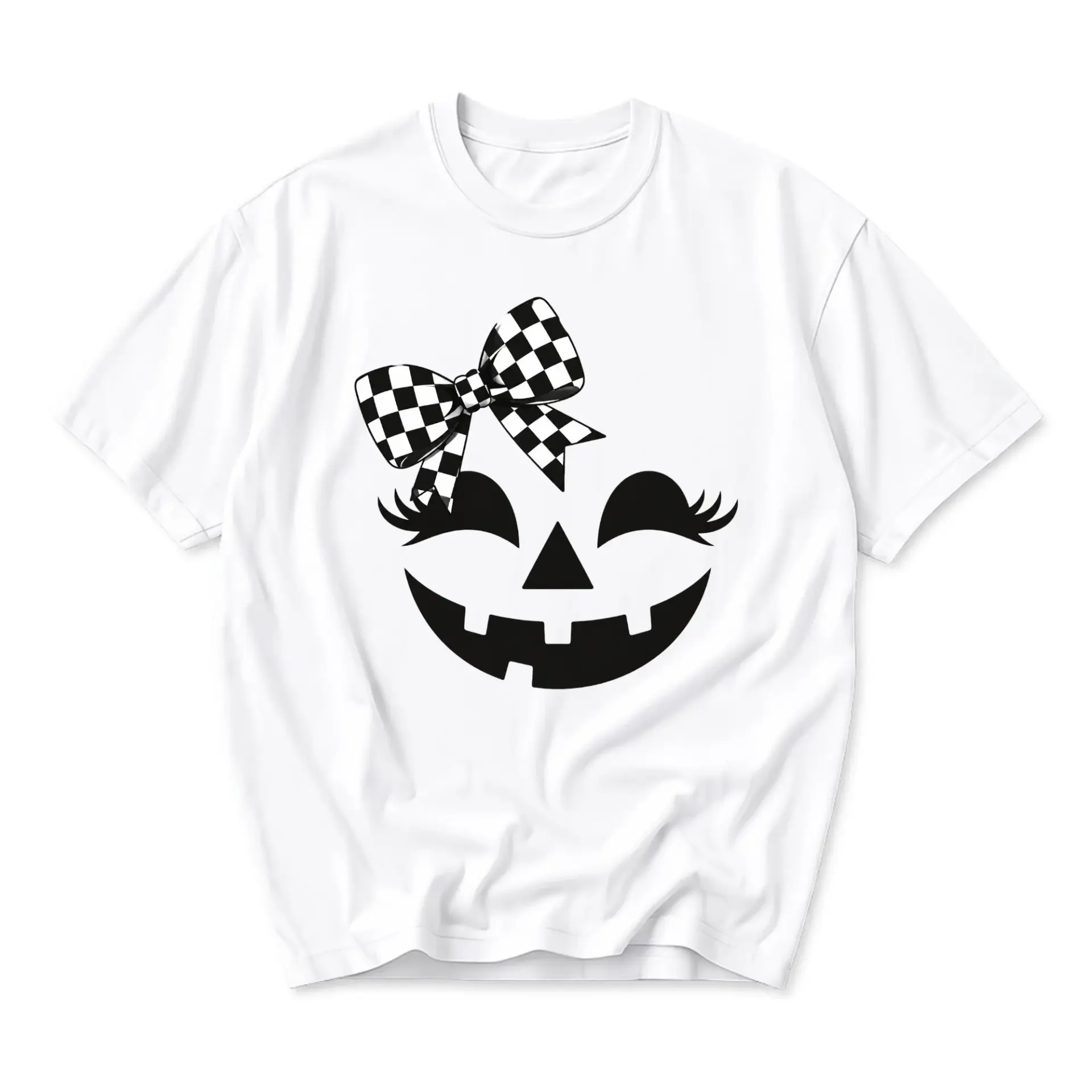 Graphic Tee Unisex Crew Neck Shirt Featuring a Cute Halloween Pumpkin Face with a Stylish Checkered Bow Print