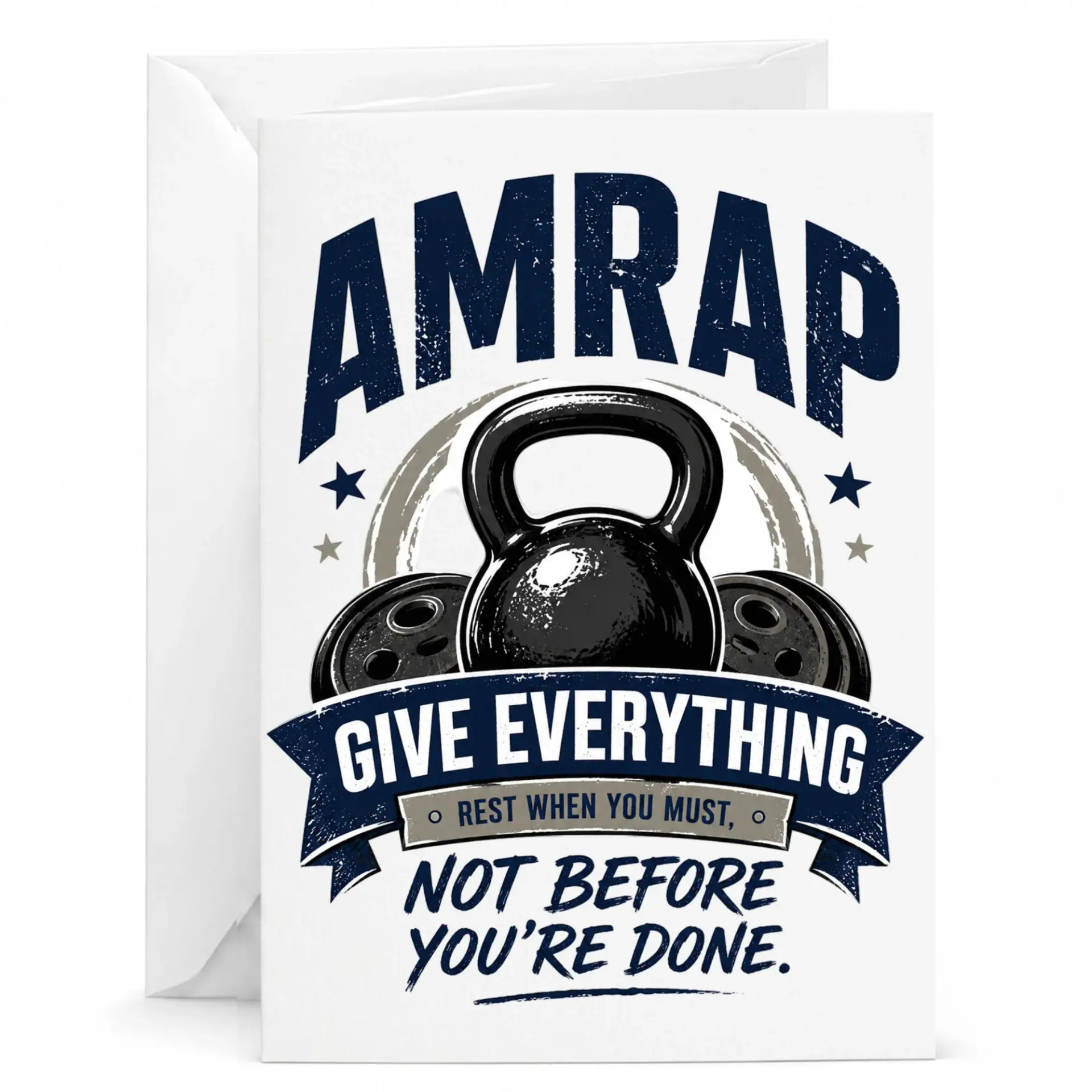 Funny Workout Greeting Card Amrap Kettlebell Design for Fitness Enthusiasts Motivational Weightlifting Note