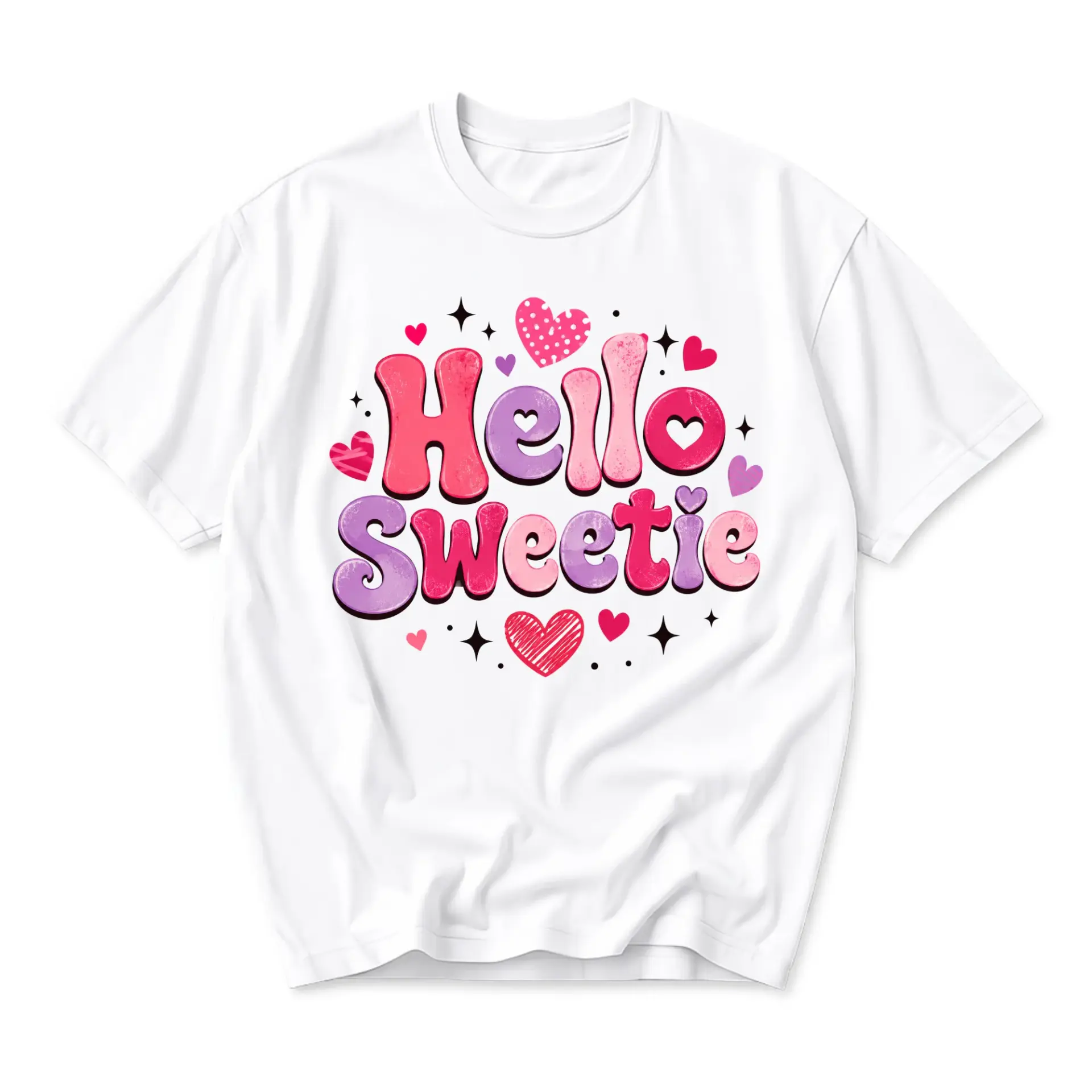 Graphic Tee Hello Sweetie Pink Purple Hearts Print Unisex Crew Neck Casual Everyday Short Sleeve Cotton Shirt