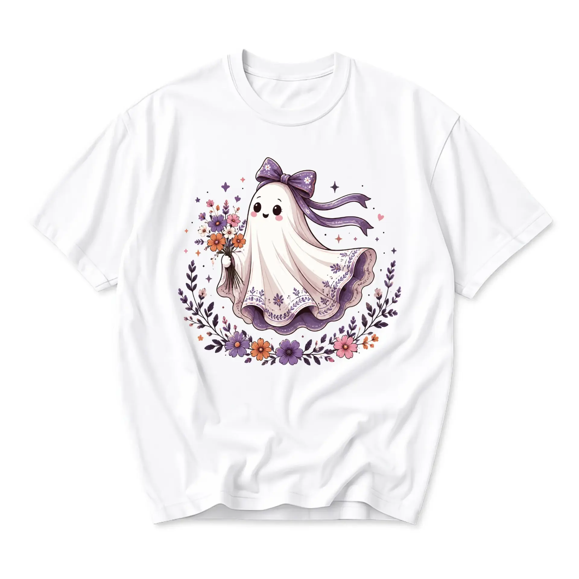 Graphic Tee Cute Ghost Holding Flower Bouquet Floral Illustration Unisex Crew Neck Soft Cotton Blend Casual Shirt