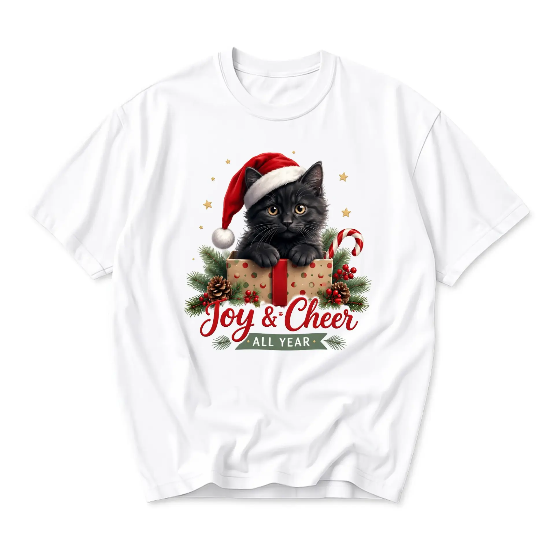 Graphic and Cheer All Year Black Cat Christmas Shirt Unisex Crew Neck