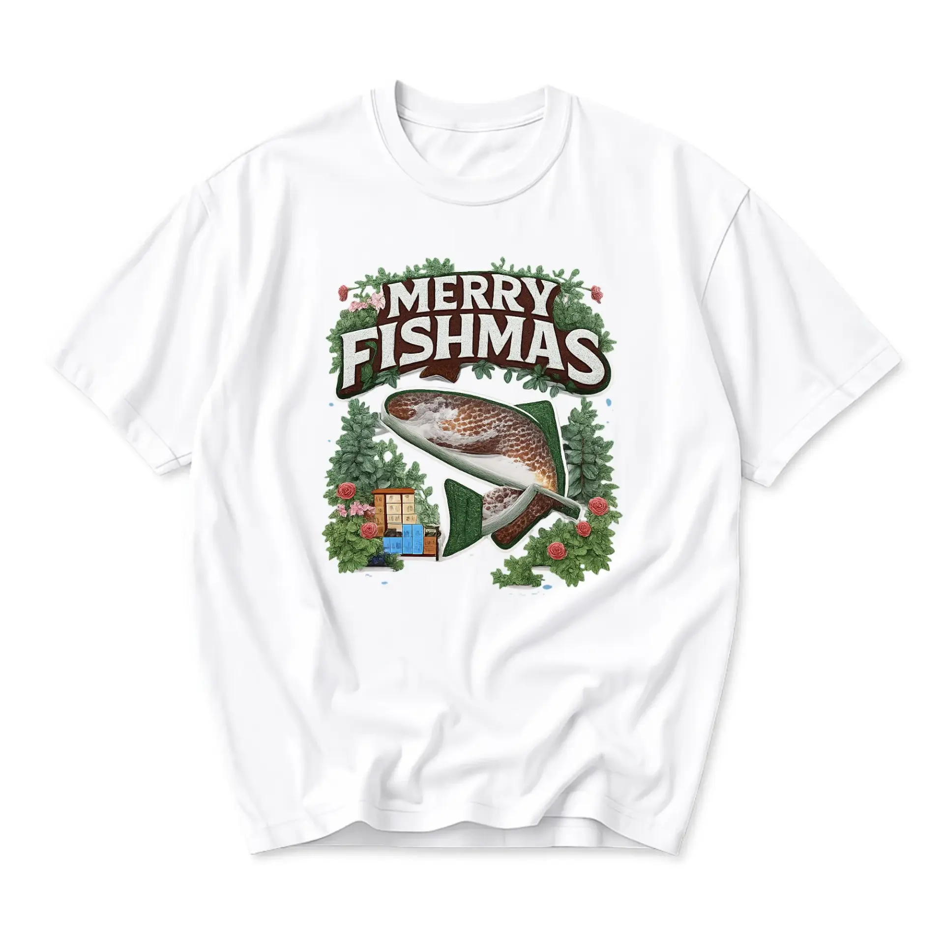 Funny Shirt Merry Fishmas Holiday Fishing Graphic Tee Unisex Short Sleeve Crew Neck Casual Cotton Blend Apparel