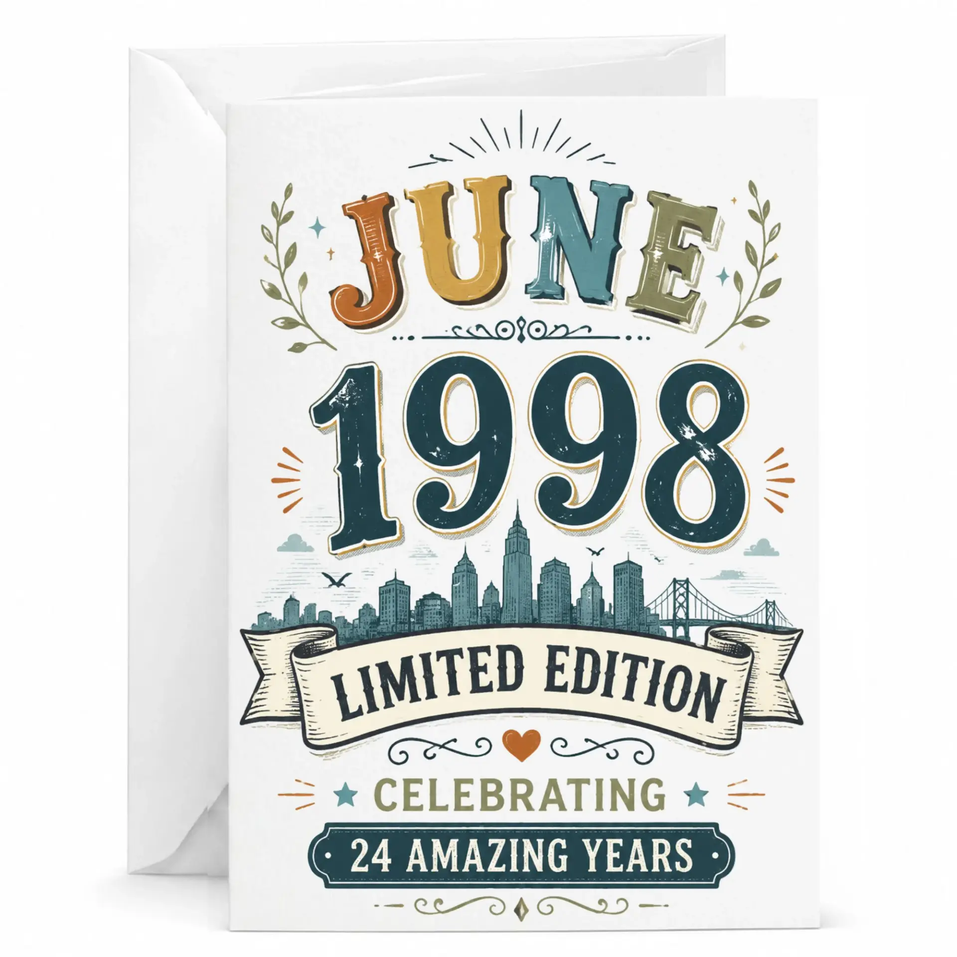 Greeting Card Born in June 1998 Limited Edition 24th Birthday Anniversary Keepsake Professional Heavyweight Cardstock