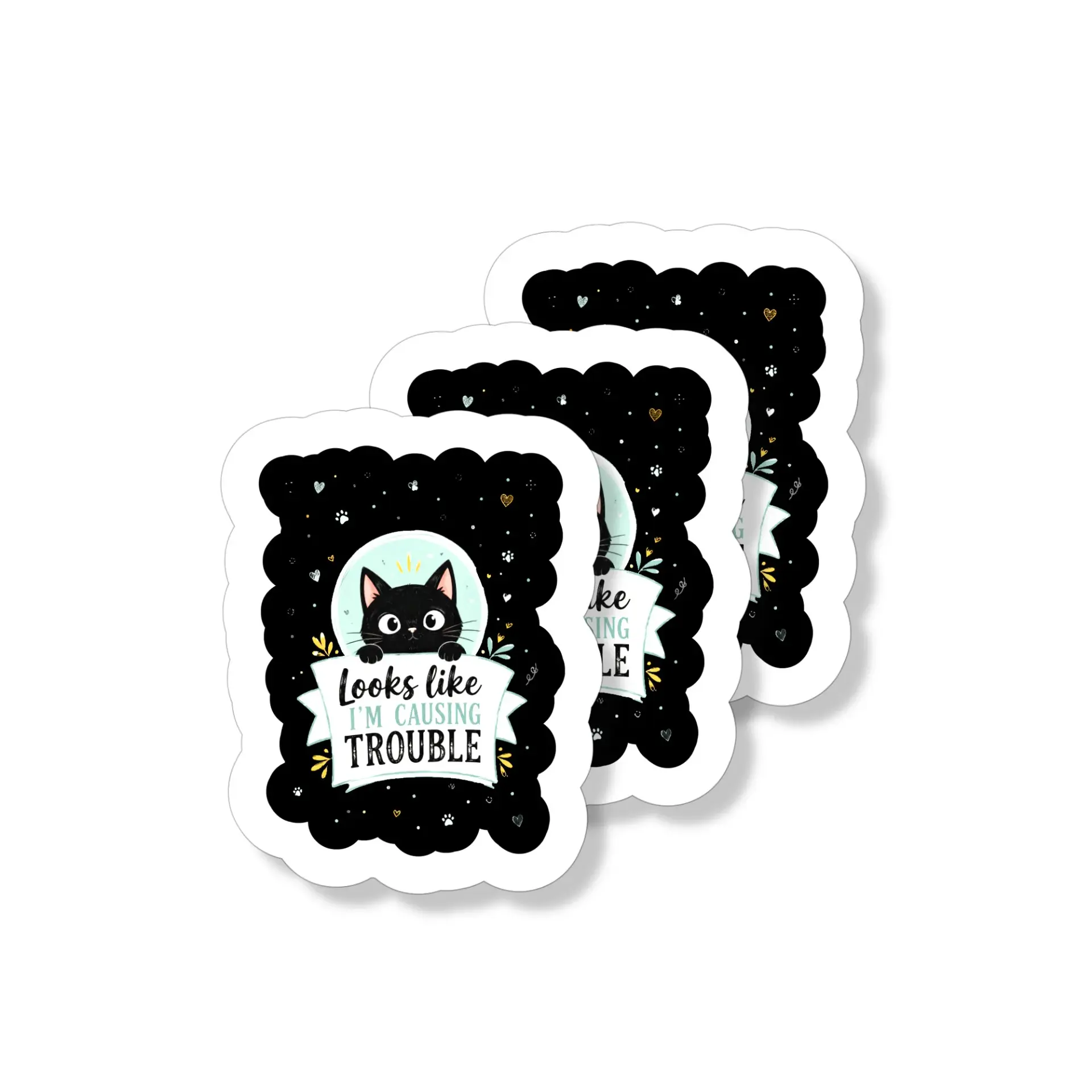 Vinyl Sticker Pack Featuring a Cute Black Cat Illustration with the Words Looks Like I Am Causing Trouble Text Design
