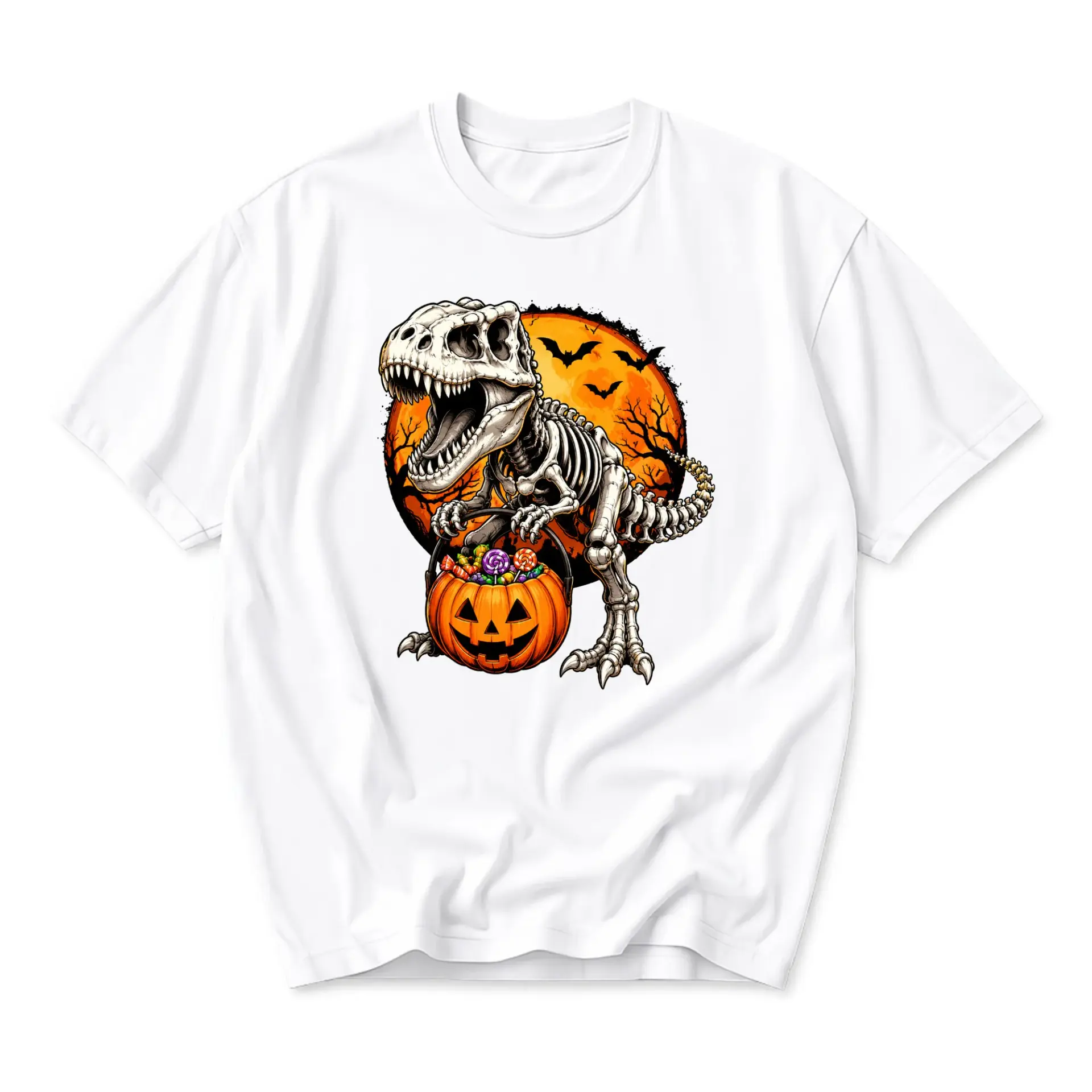 T-shirt Halloween Dinosaur Skeleton Graphic Tee Spooky T-Rex Pumpkin Trick or Treat Art Unisex Crew Neck Top