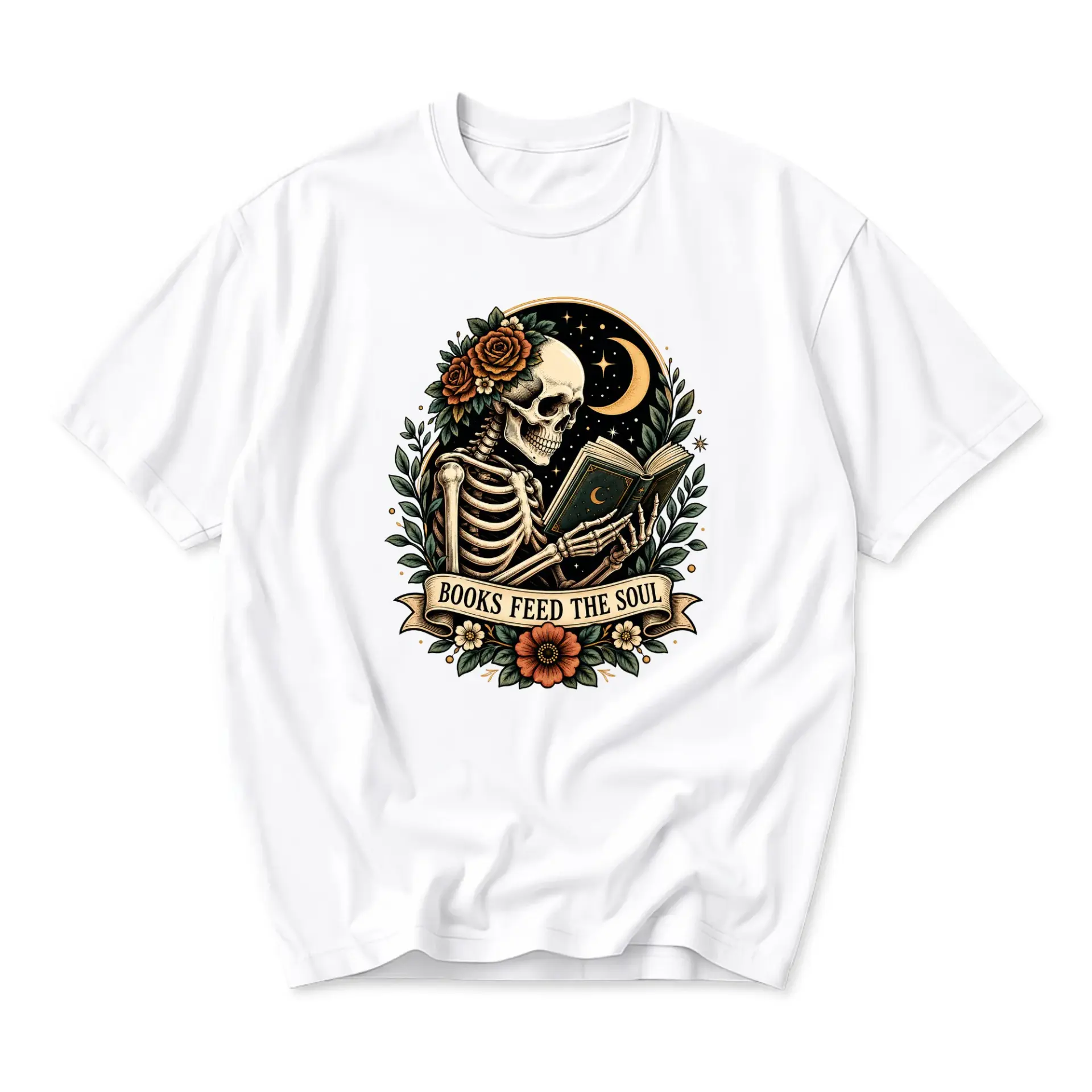Graphic Tee Books Feed the Soul Skeleton Reading Floral Aesthetic Unisex Short Sleeve Crew Neck Casual Cotton T-Shirt