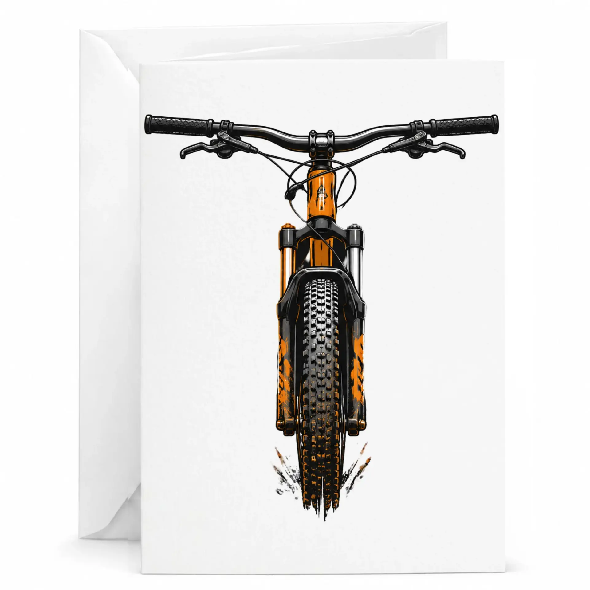 Mountain Bike Greeting Card for Cycling Enthusiasts, Off Road Biker Birthday Card with Envelope, Orange Bicycle Art