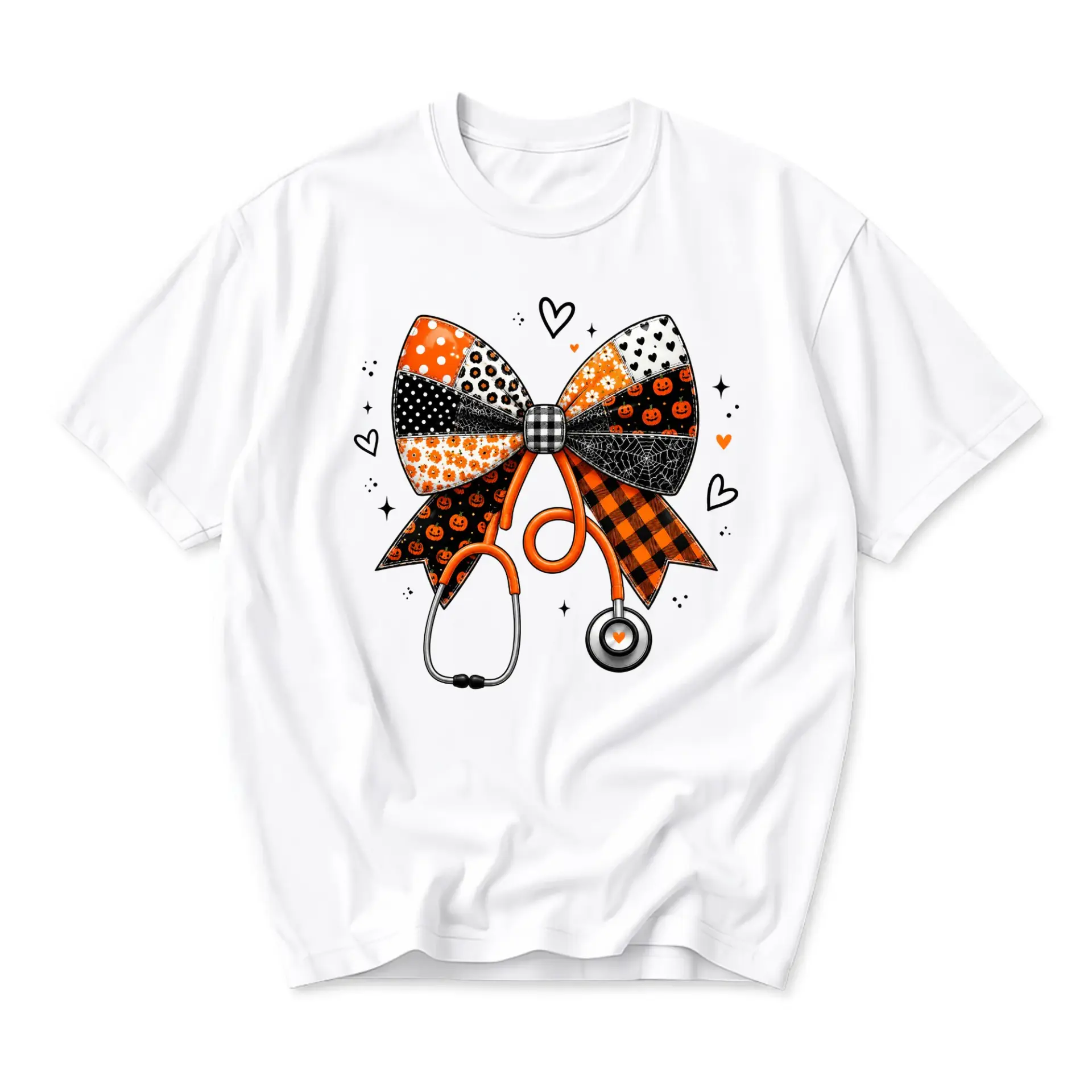 T-shirt Halloween Stethoscope Bow Graphic Tee Unisex Crew Neck Short Sleeve Casual Cotton Blend Apparel White