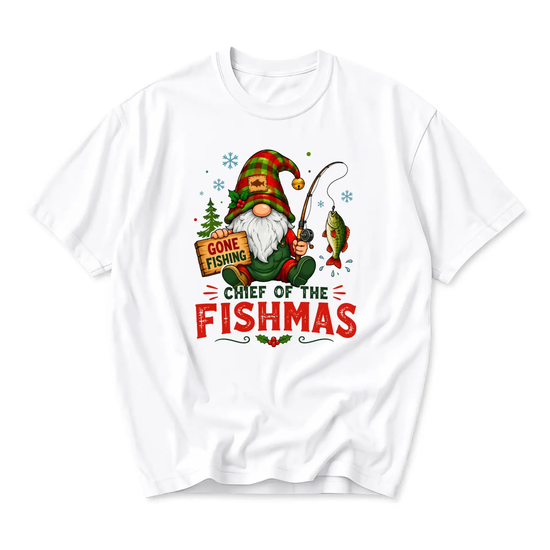 Funny Shirt Chief of the Fishmas Graphic Tee Unisex Casual Apparel Holiday Gnome Fishing Design White Crew Neck T-Shirt