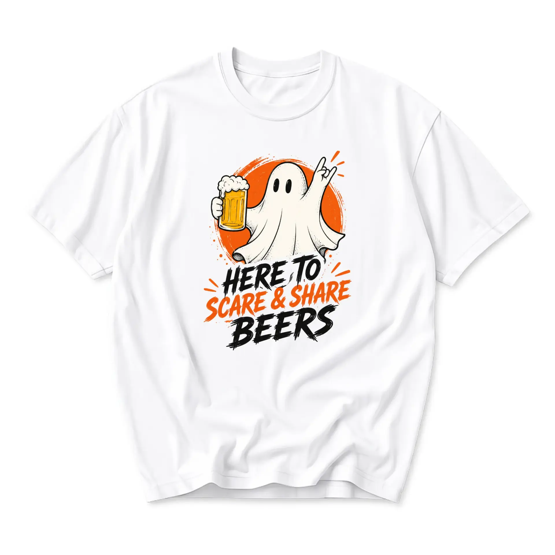 Funny Shirt Here to Scare and Share Beers Graphic Tee Casual Unisex Crew Neck Top for Halloween and Party Occasions