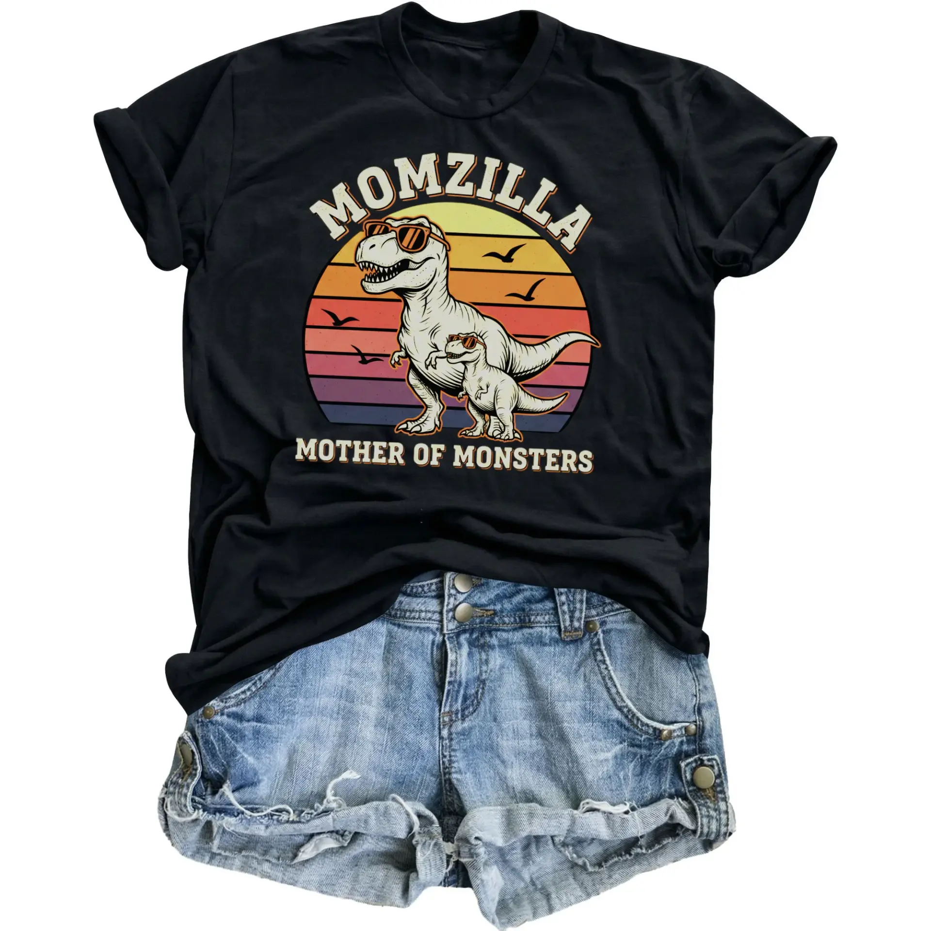 Funny Momzilla Graphic Tee Retro Dinosaur Mother of Monsters Unisex Casual Crew Neck Printed Cotton Blend T-Shirt