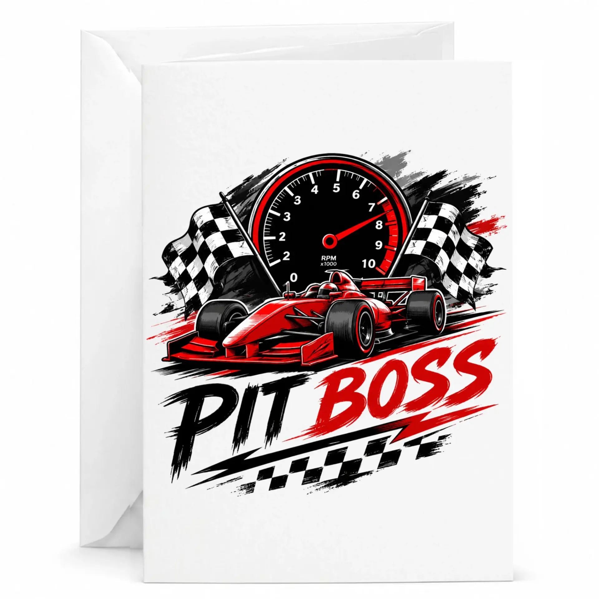 Greeting Card Pit Boss Racing Car Design for Race Fans and Enthusiasts Featuring Tachometer Checkered Flags