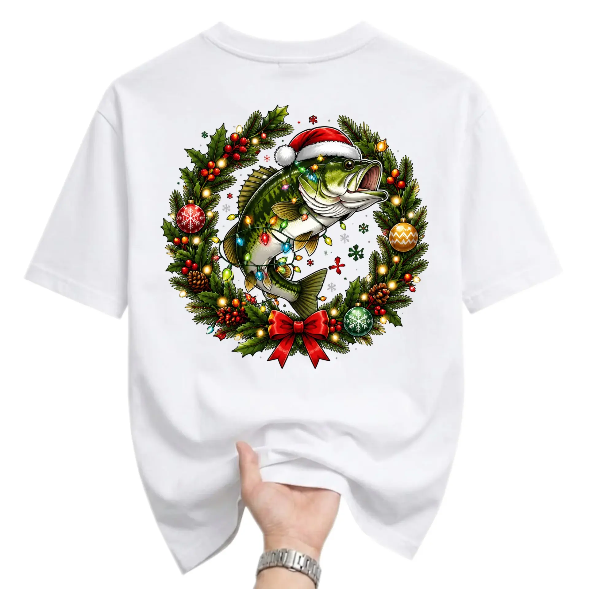 Graphic Tee Fish Christmas Wreath Illustration Unisex Crew Neck Soft Cotton
