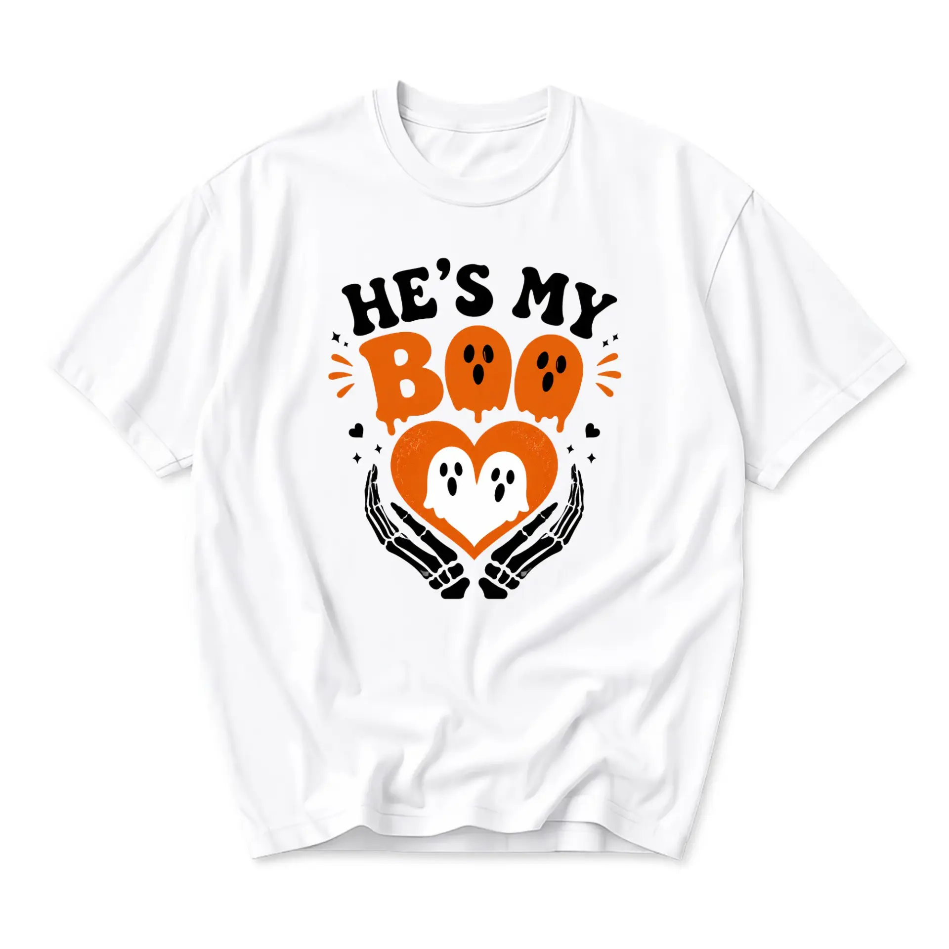 Graphic Tee He Is My Boo Skeleton Hands Ghost Hearts Unisex Crew Neck Short Sleeve Cotton Casual Holiday Shirt