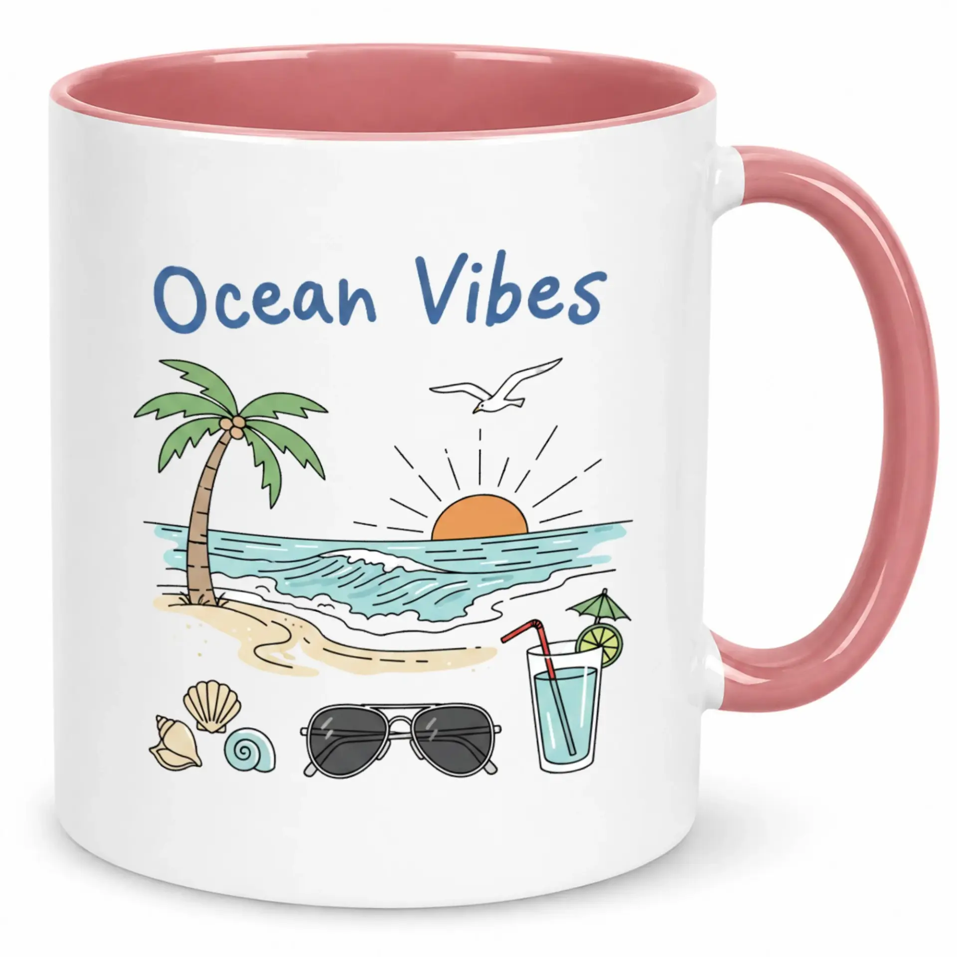 Ceramic Coffee Mug with Beach Ocean Vibes Design, Tropical Sunset Palm Tree Seashells Drink Summer Vacation Theme White and Pink Handle Drinkware