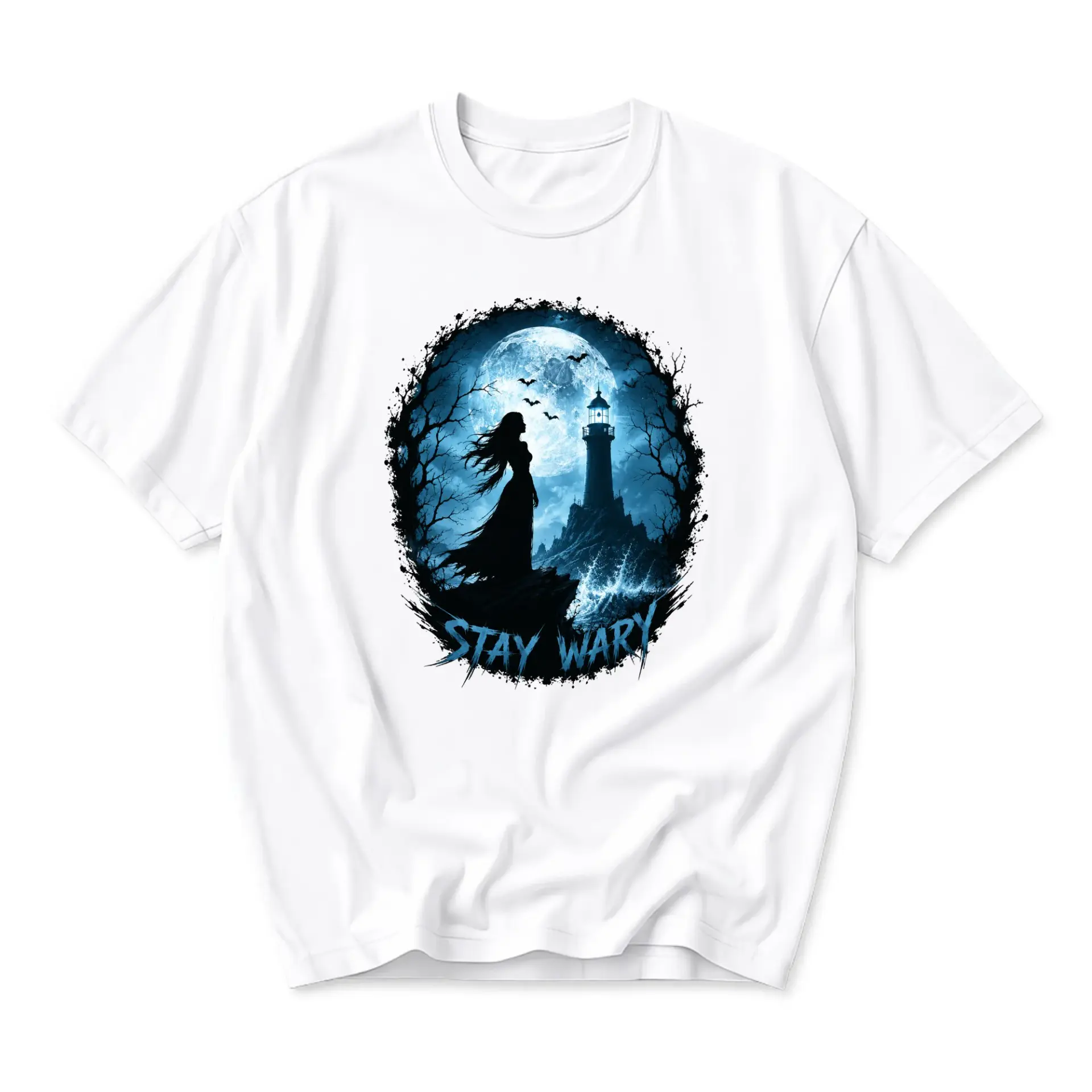 Graphic Tee Unisex Lighthouse Silhouette Art Shirt Stay Wary Coastal Gothic Style Apparel for Everyday Comfort
